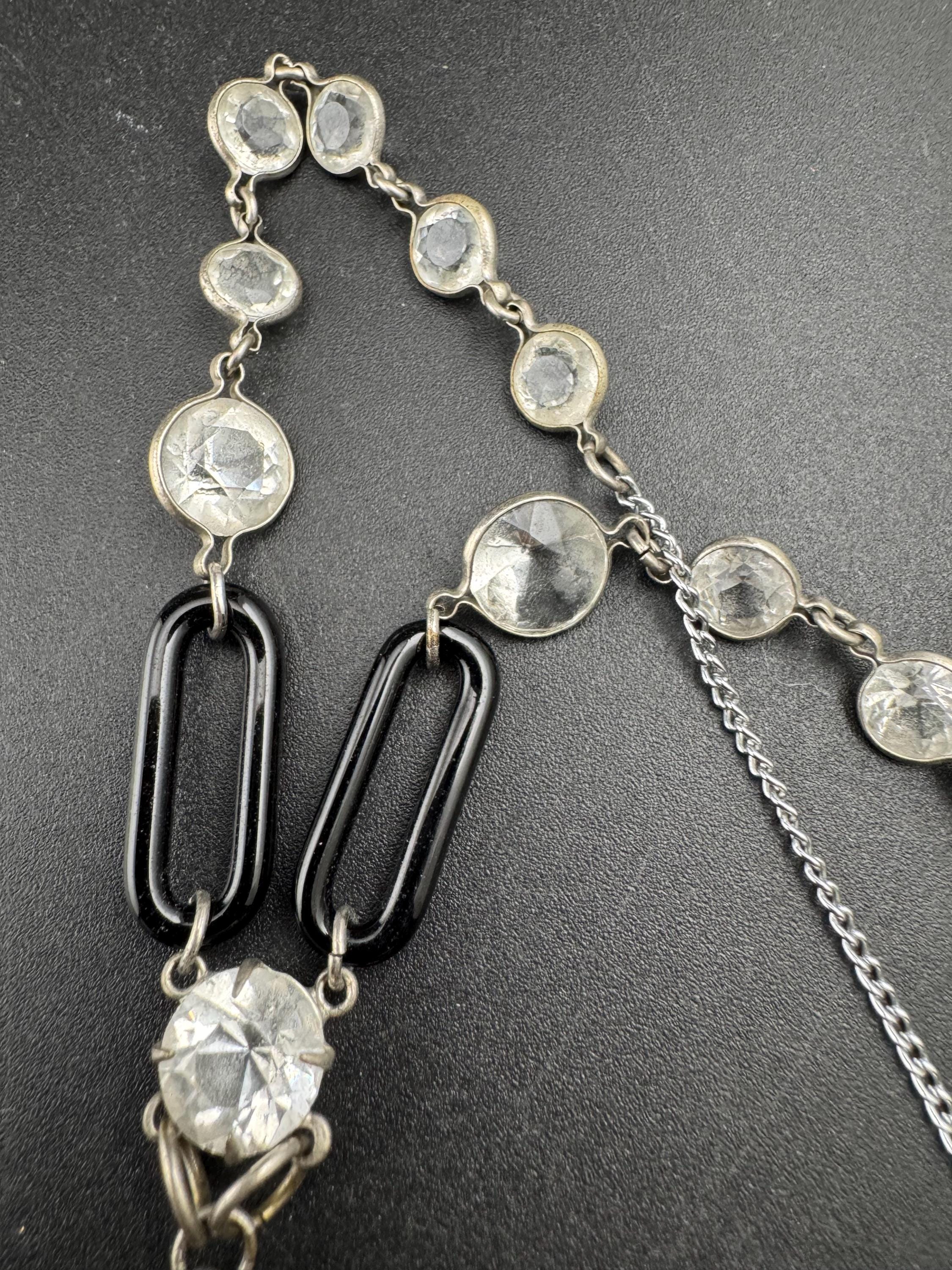 Art Deco Black clear bezel set Drop Necklace - Silver Tone 1920s