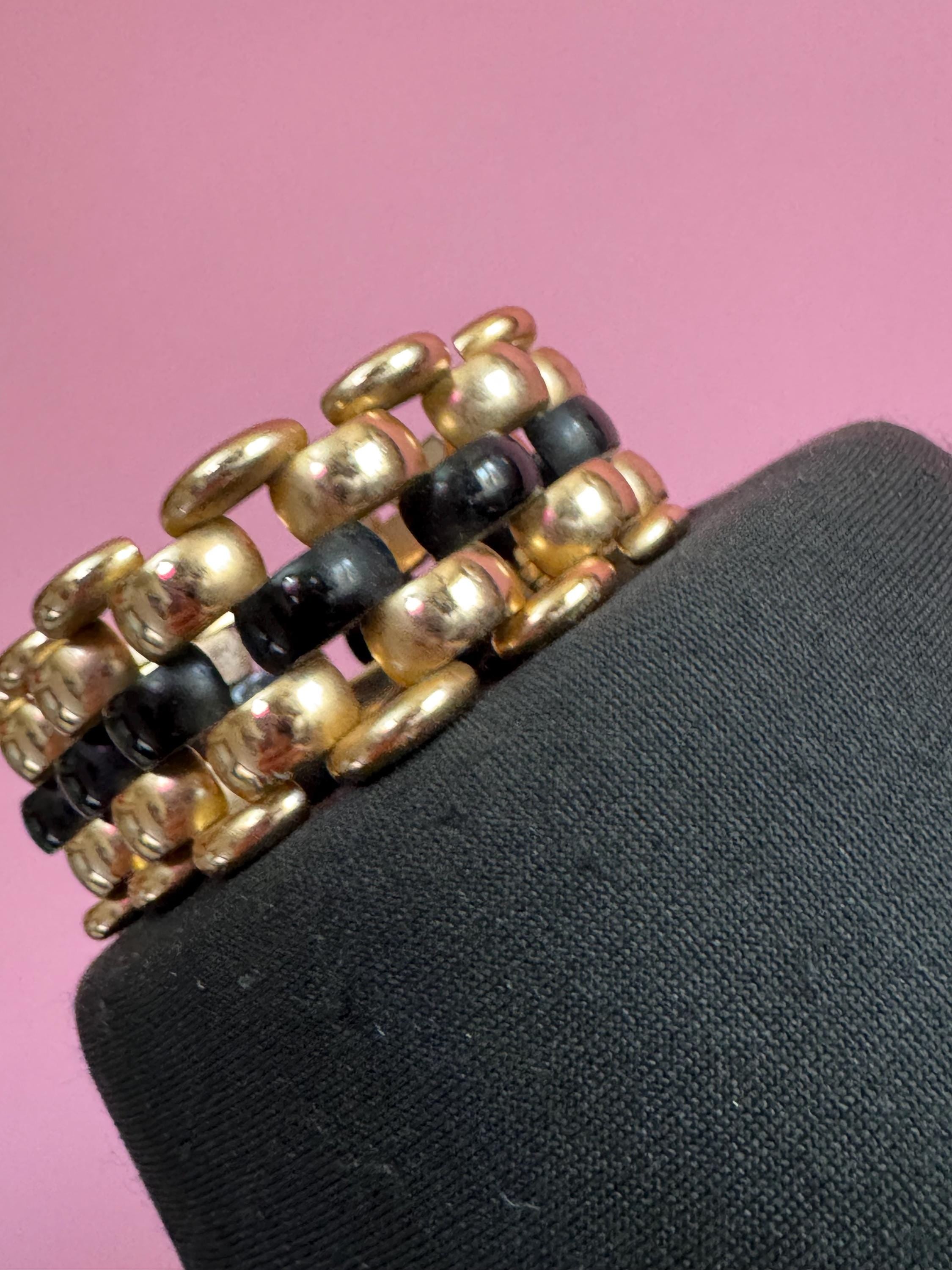 1950s De Farre warm gold tone black brick chain bracelet, 19.5cm French vintage
