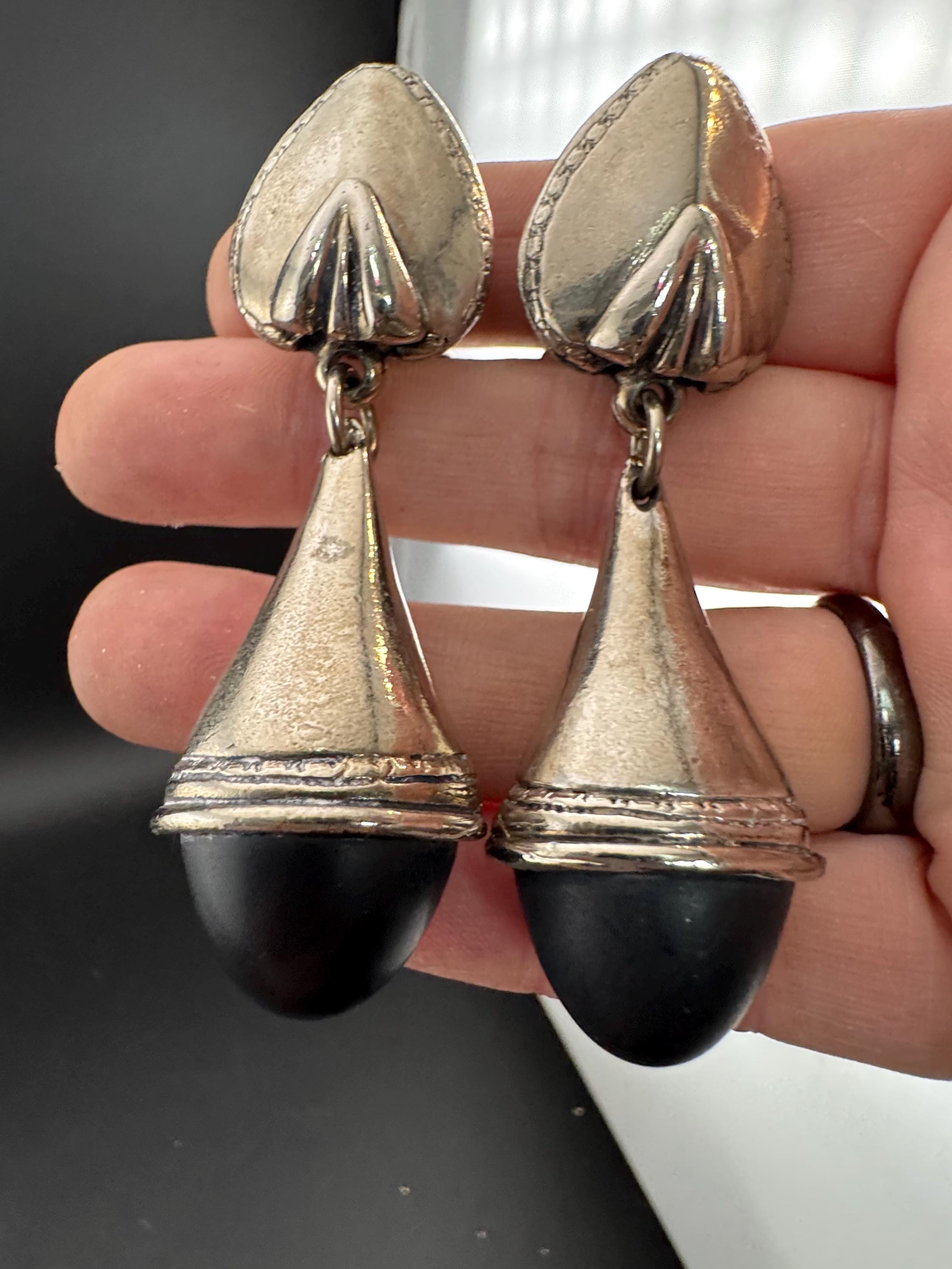 Vintage Chorange Paris oversized  black and Silver Drop Earrings: clip on signed designer