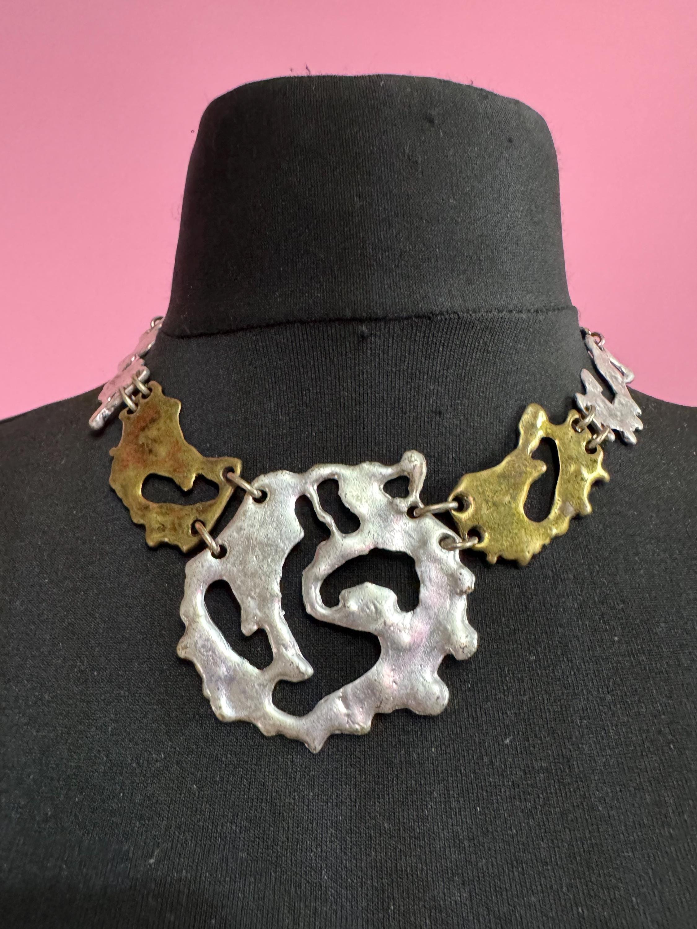 Vintage SAKS silver and brass brutalist melted metal panel link choker necklace