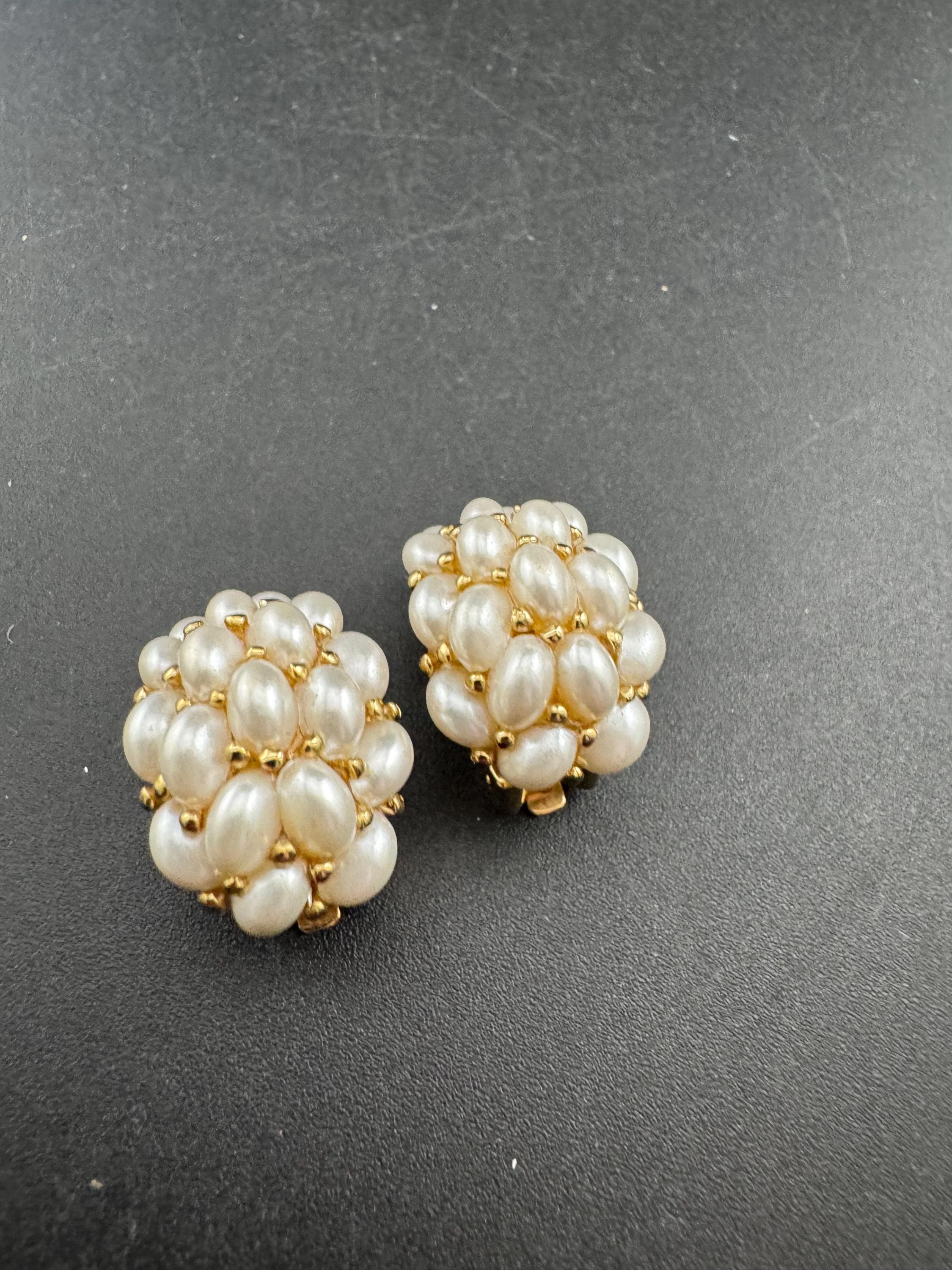 Signed KJL Kenneth Lane faux pearl cluster clip on half hoop earrings
