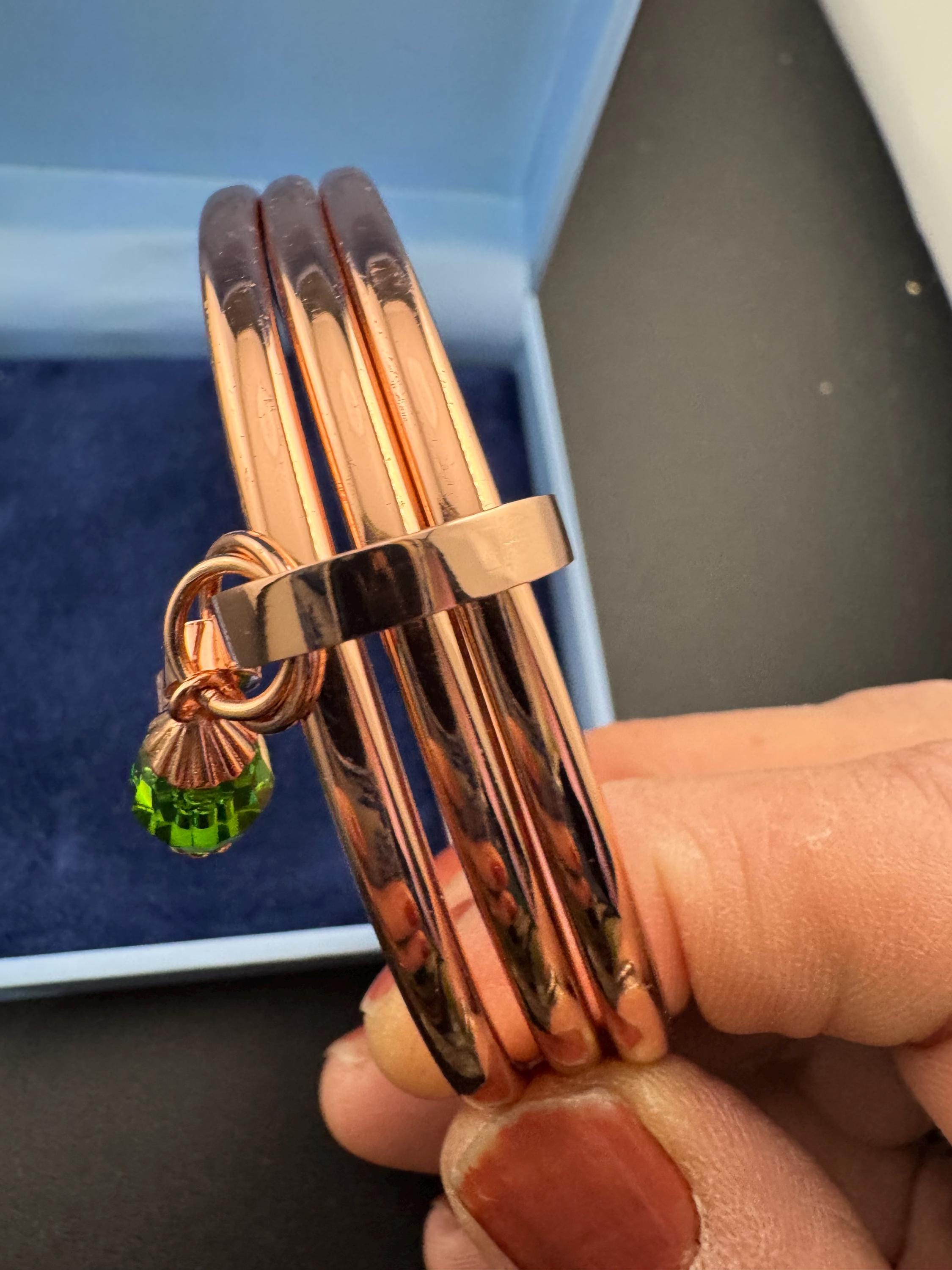 NEWBRIDGE triple rose gold plated birthstone bangles,  May birthday emerald beads