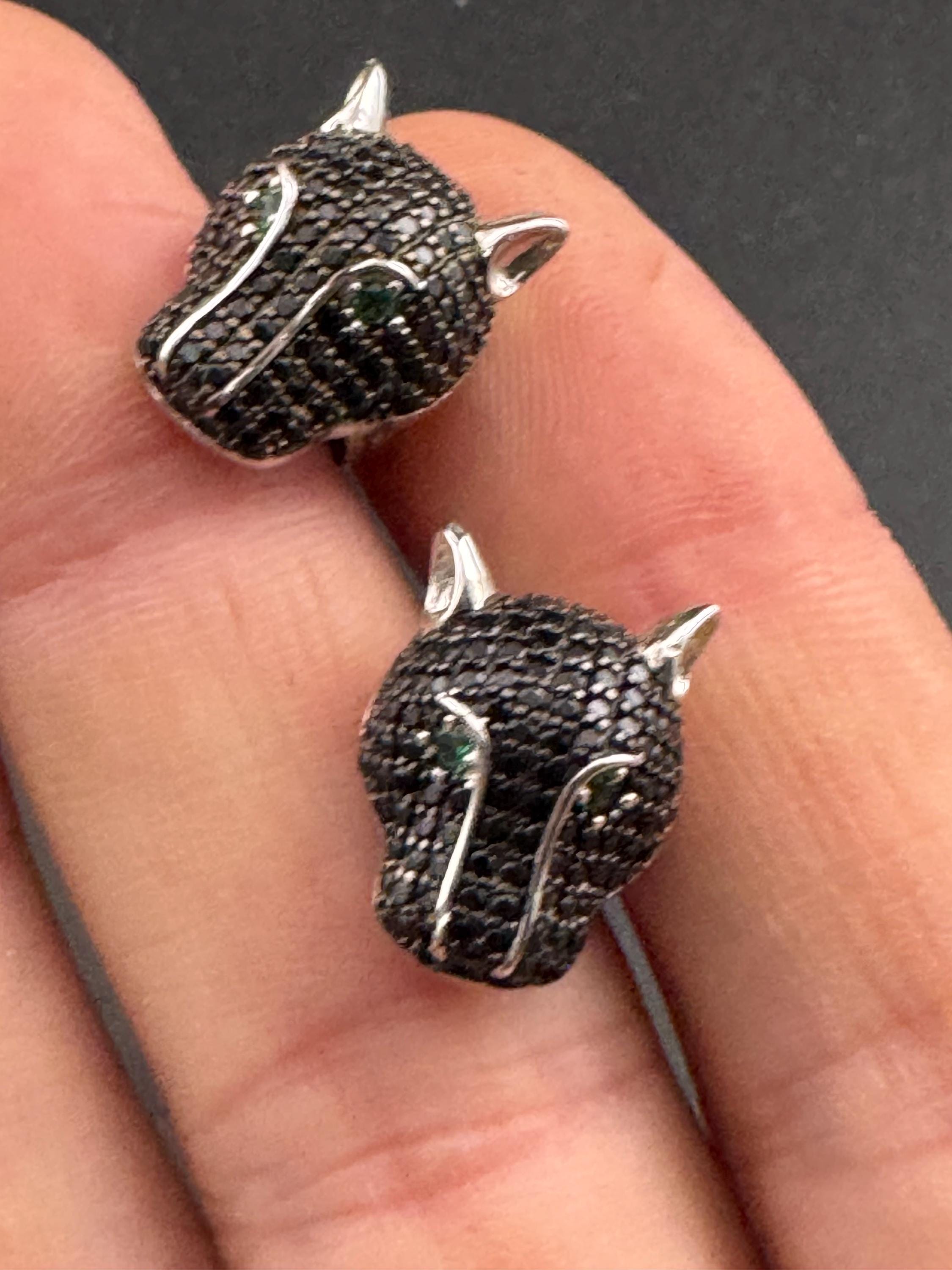 Sterling Silver Leopard Stud Earrings, Black CZ Crystal Eyes