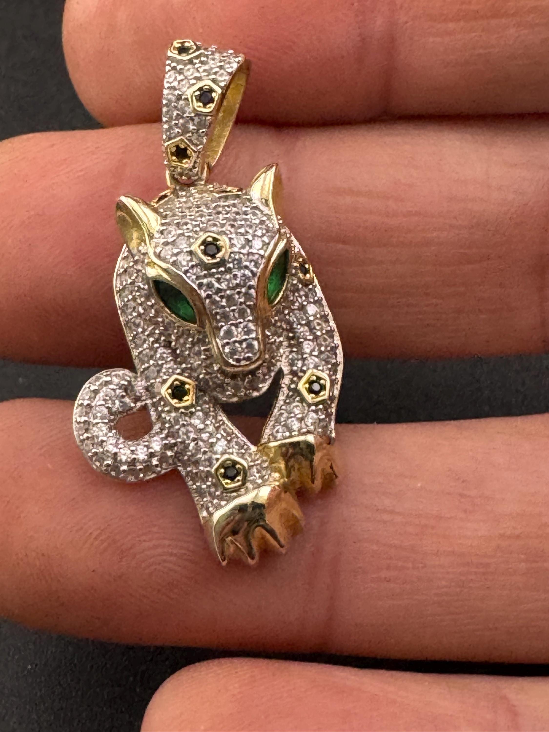 CZ Leopard Pendant - Gold on Sterling Silver Big Cat Necklace