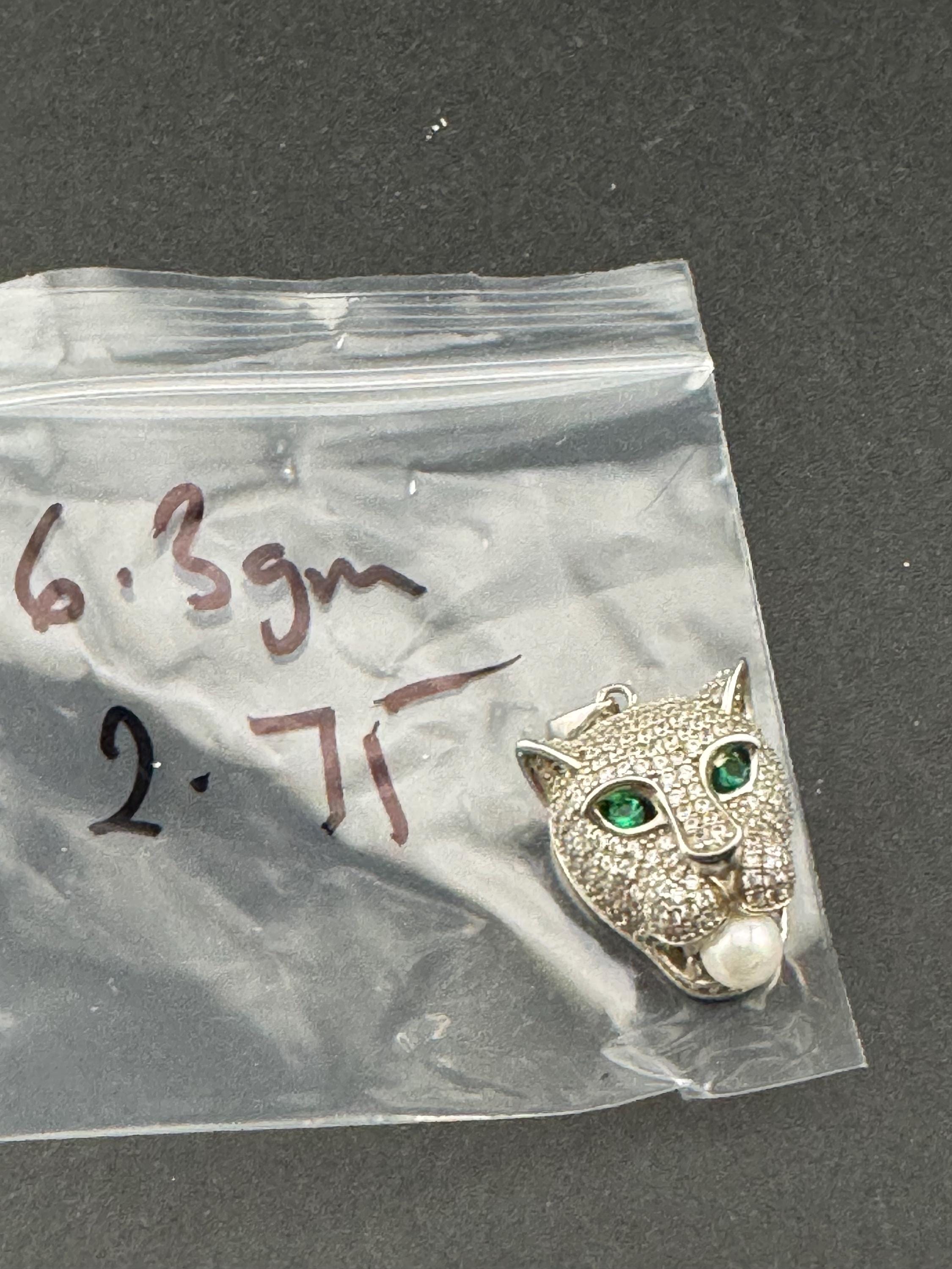 CZ Leopard Pendant – Sterling Silver Big Cat Necklace, Faux Pearl