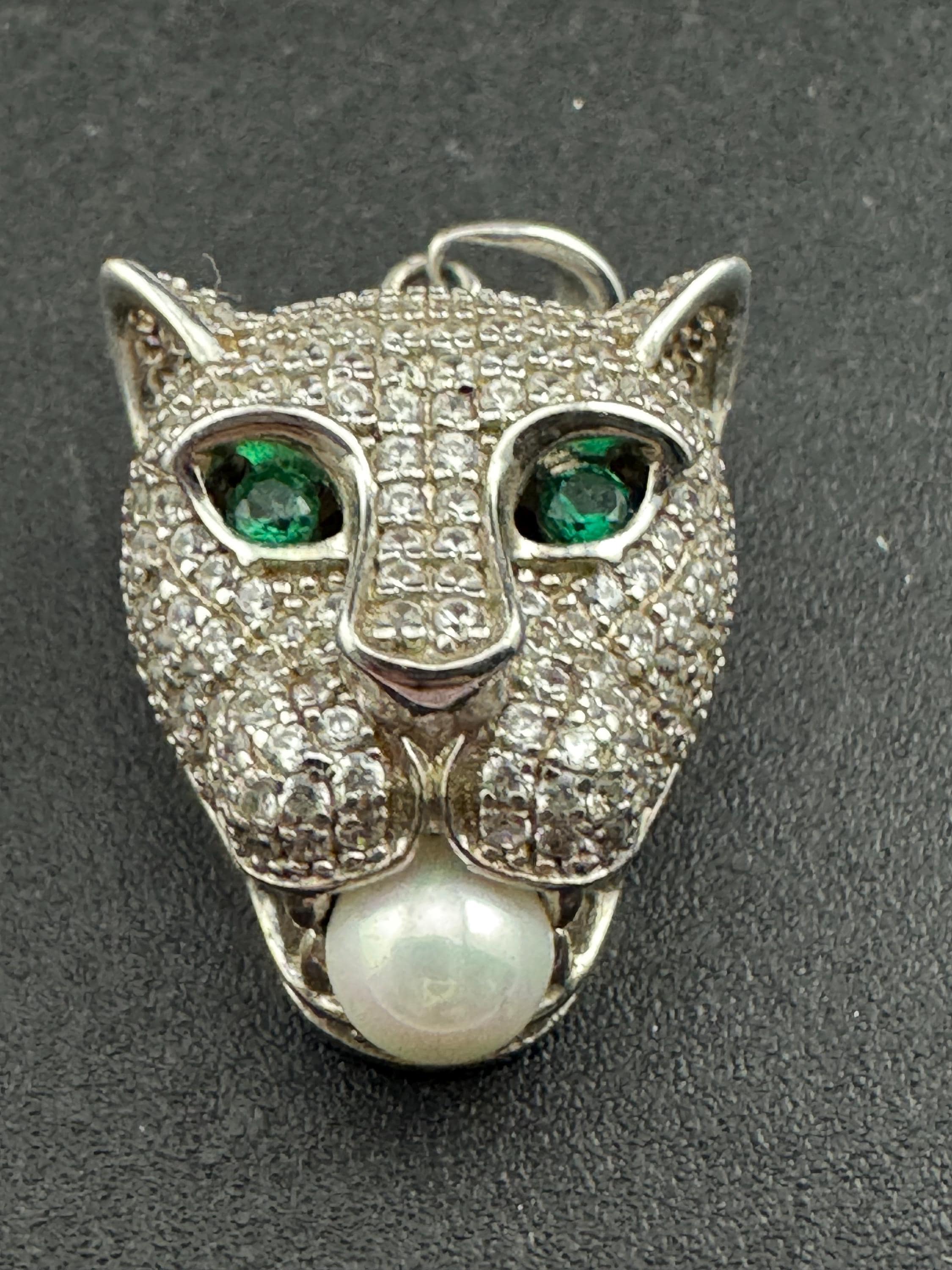 CZ Leopard Pendant – Sterling Silver Big Cat Necklace, Faux Pearl