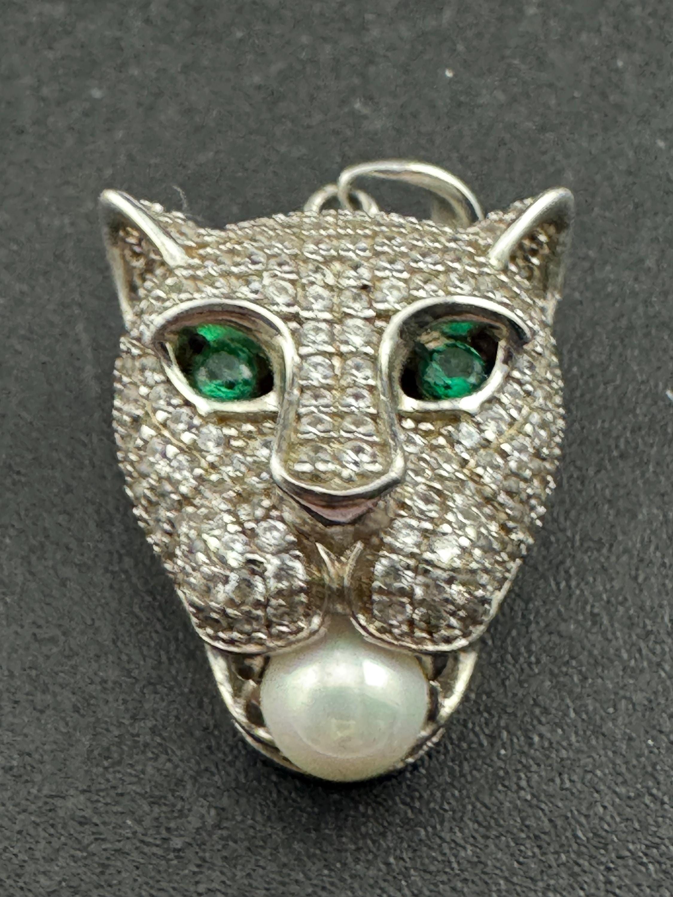 CZ Leopard Pendant – Sterling Silver Big Cat Necklace, Faux Pearl