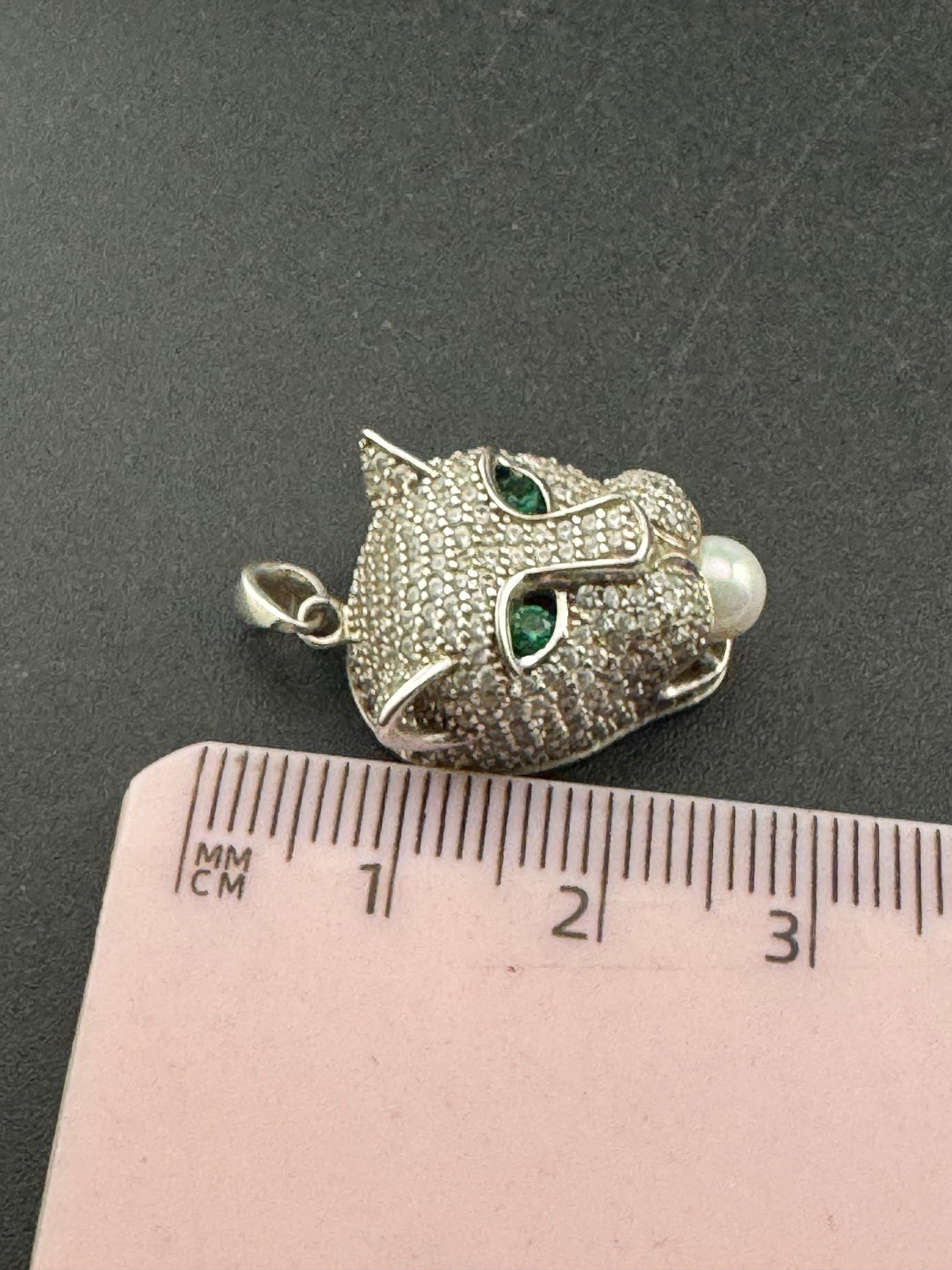 CZ Leopard Pendant – Sterling Silver Big Cat Necklace, Faux Pearl