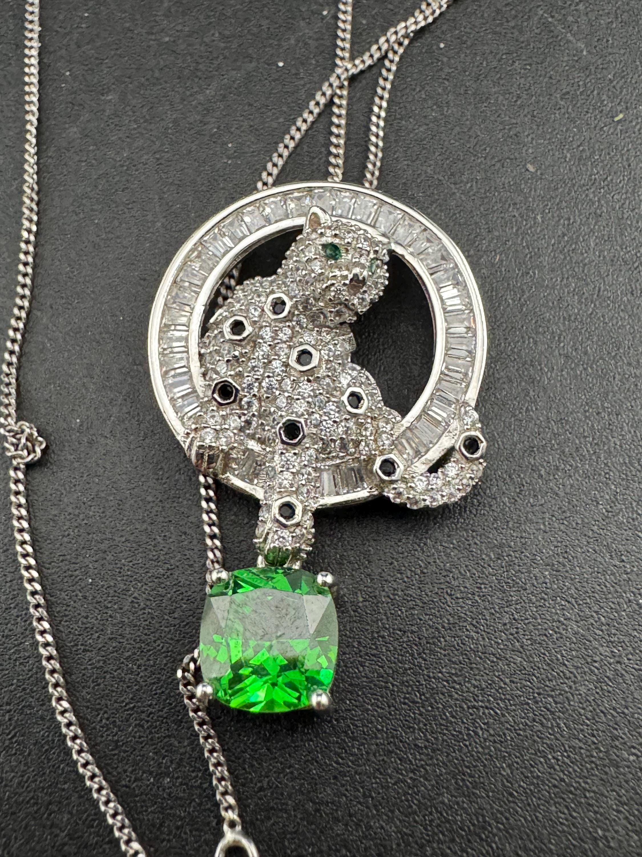 925 emerald CZ Leopard Pendant - Big Cat Necklace by cote d argent , Sterling Silver