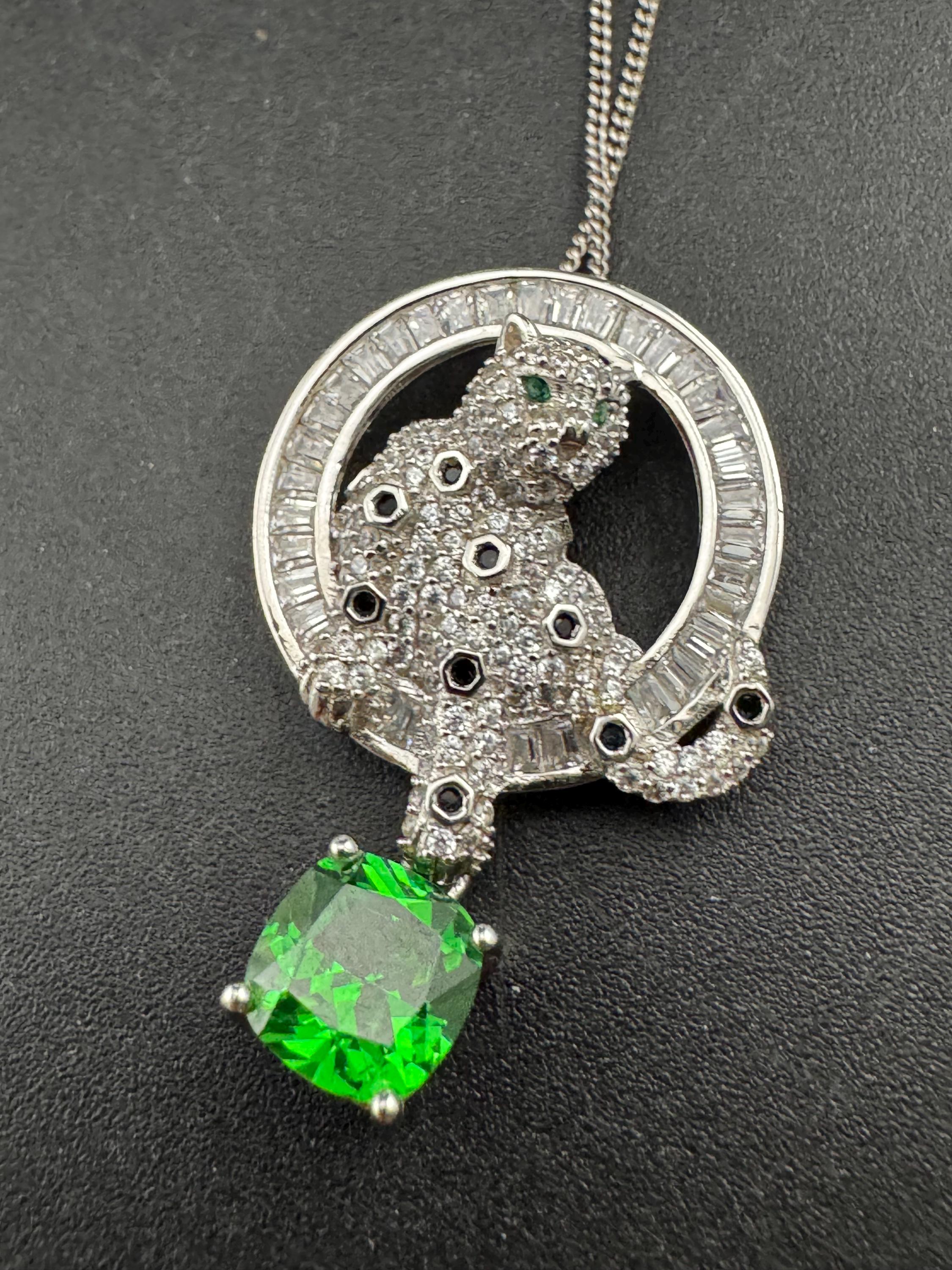 925 emerald CZ Leopard Pendant - Big Cat Necklace by cote d argent , Sterling Silver