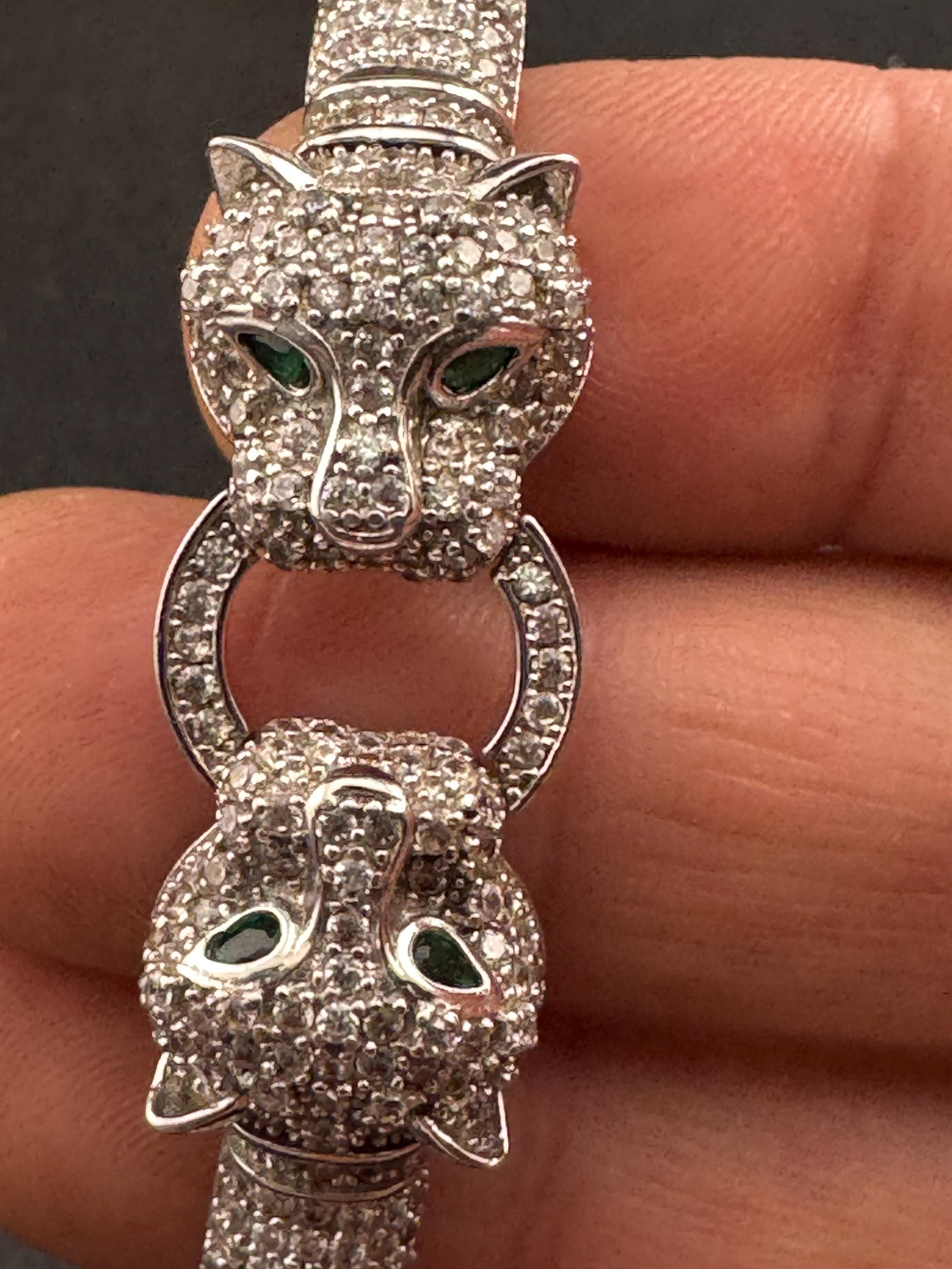 CZ Sterling Silver Leopard Head Bracelet, Cote D Argent