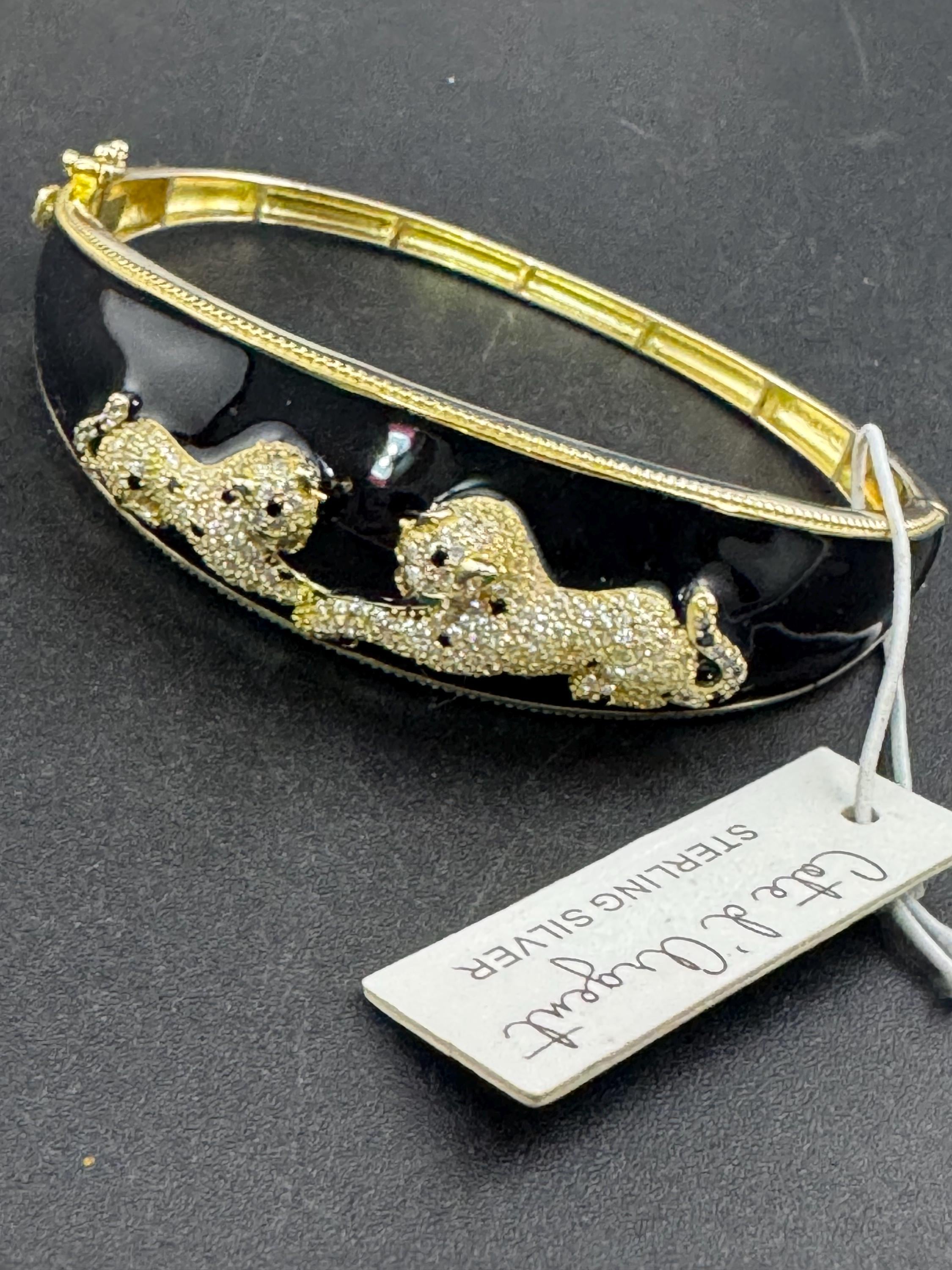 Black Enamel Leopard Bangle, Gold Vermeil Sterling Silver, CZ Hinged Bracelet