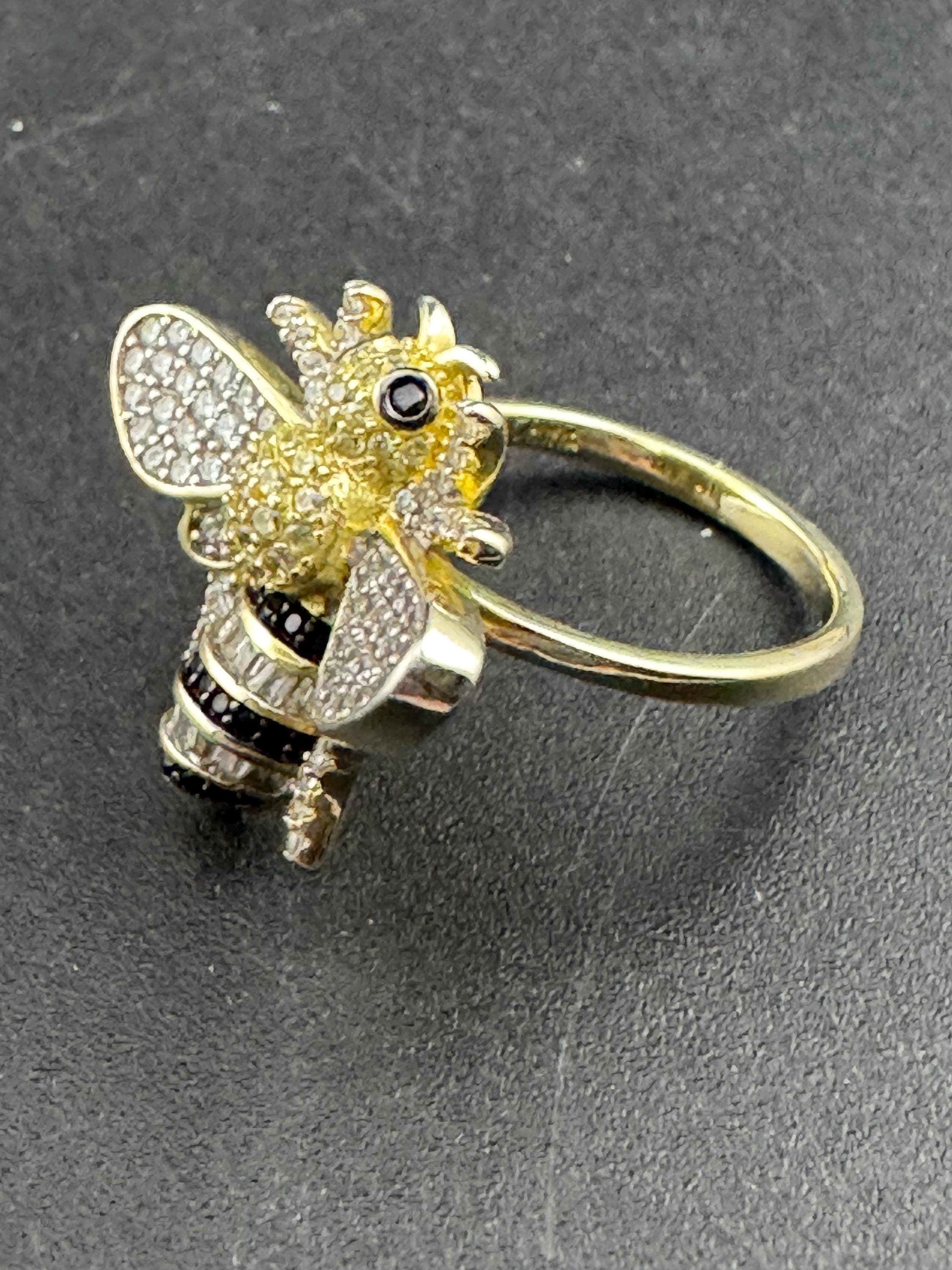 CZ Bee Ring, Gold Plated Sterling Silver, UK Size O