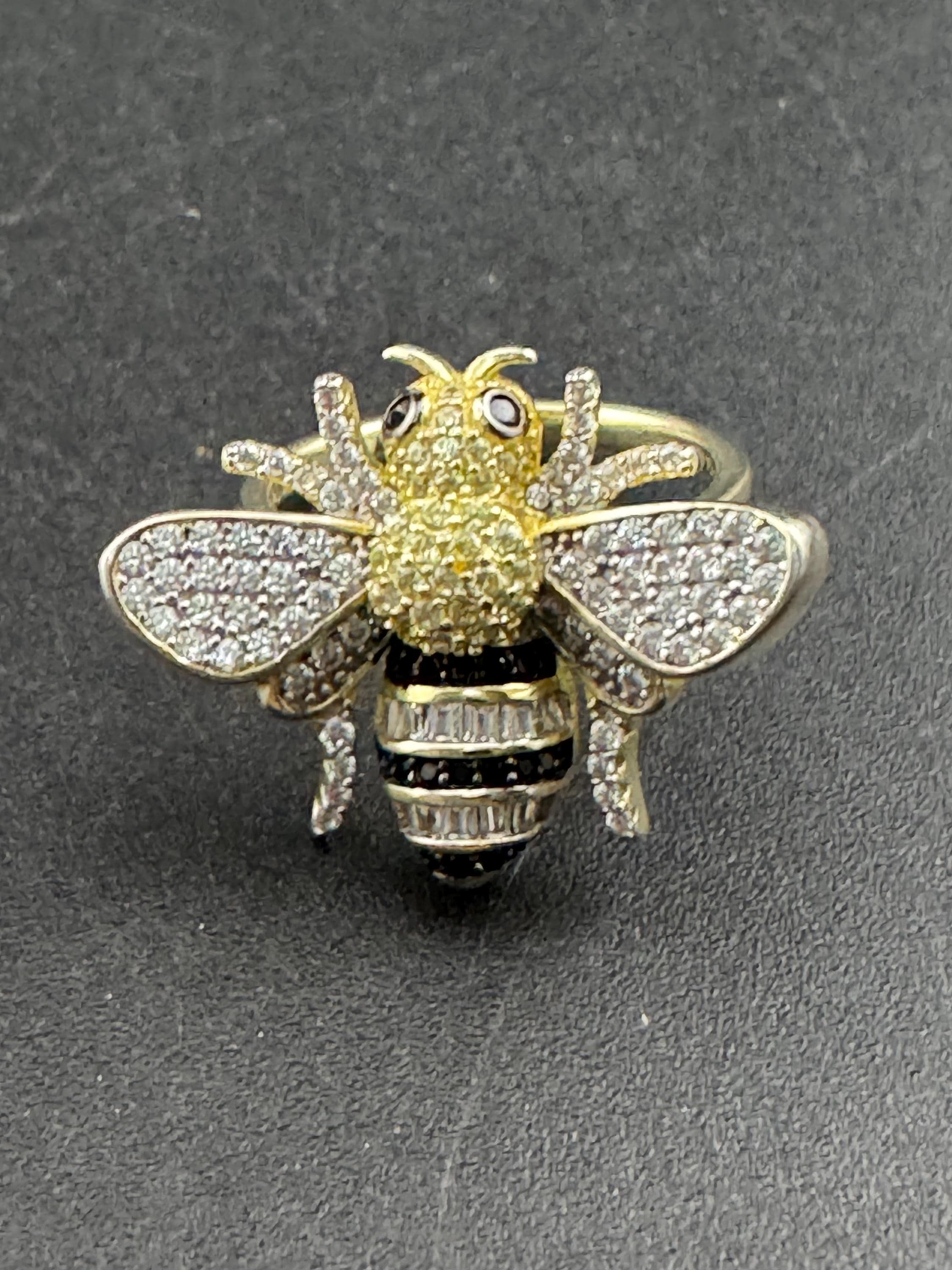 CZ Bee Ring, Gold Plated Sterling Silver, UK Size O