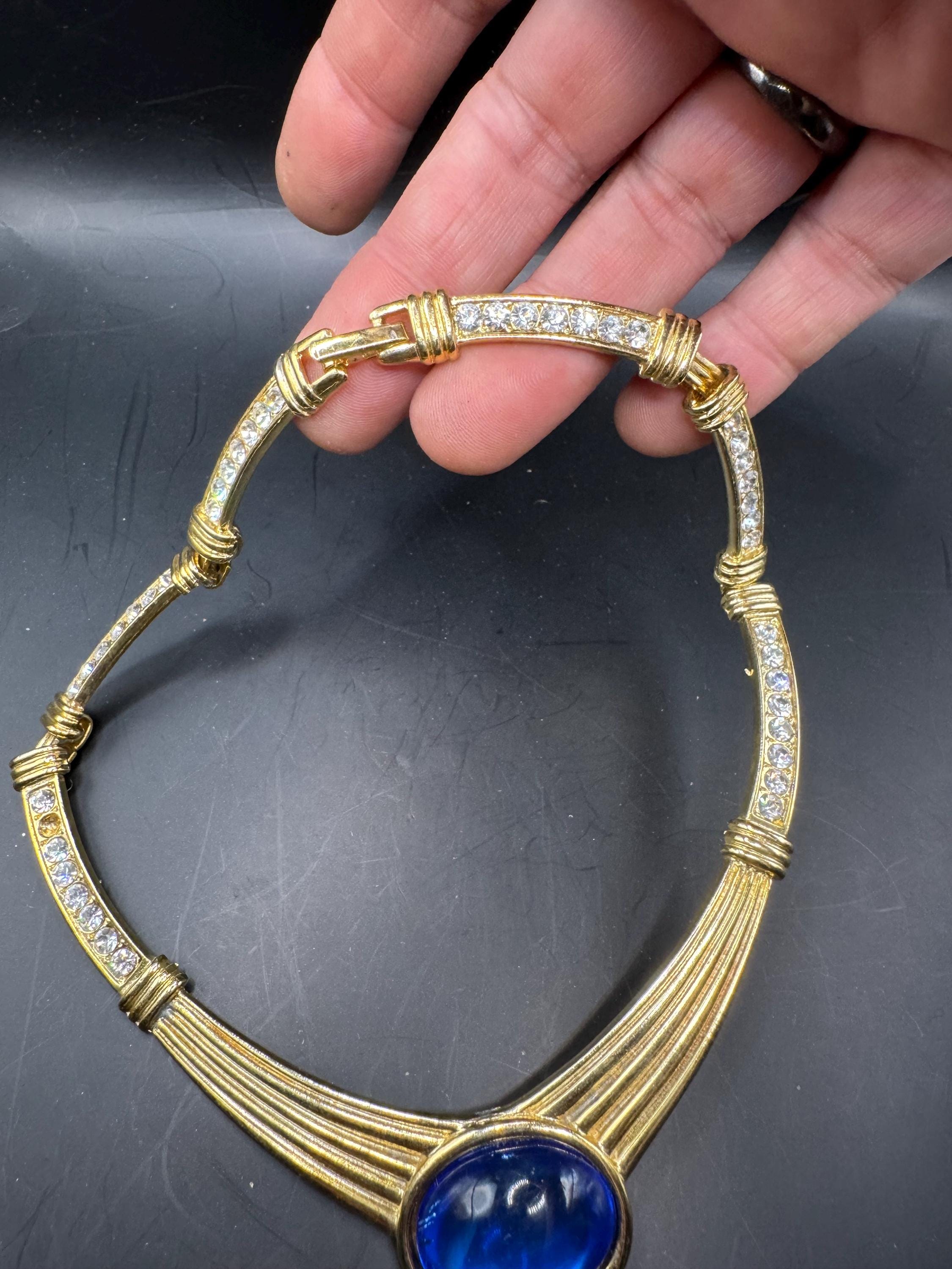 80s Retro sapphire blue Cabochon Diamanté Choker Necklace, gold plated