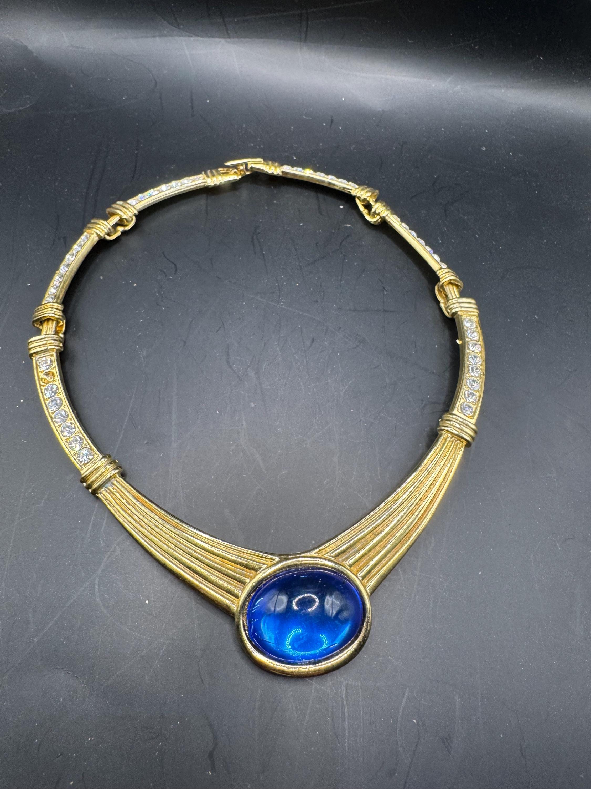80s Retro sapphire blue Cabochon Diamanté Choker Necklace, gold plated