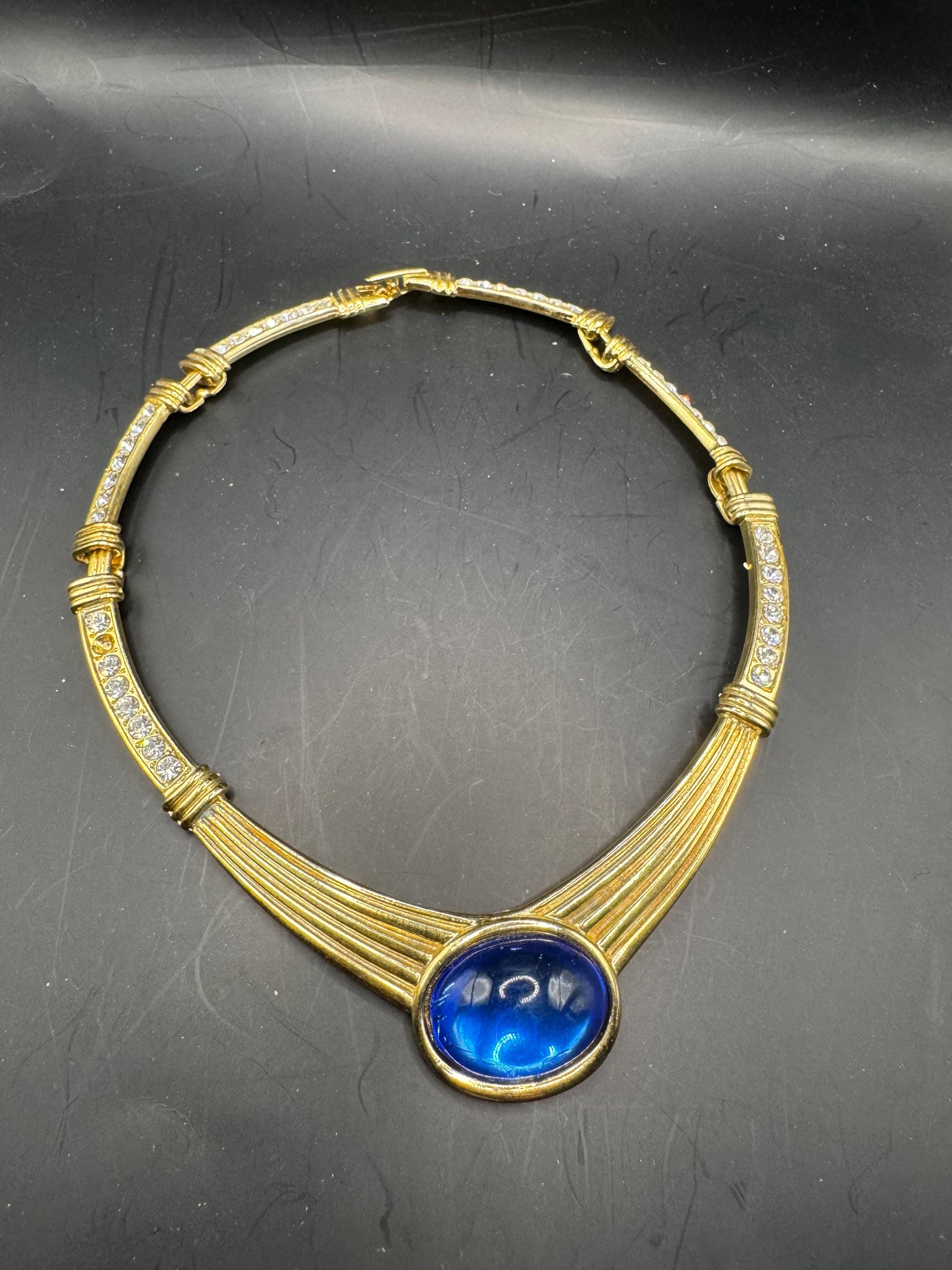 80s Retro sapphire blue Cabochon Diamanté Choker Necklace, gold plated