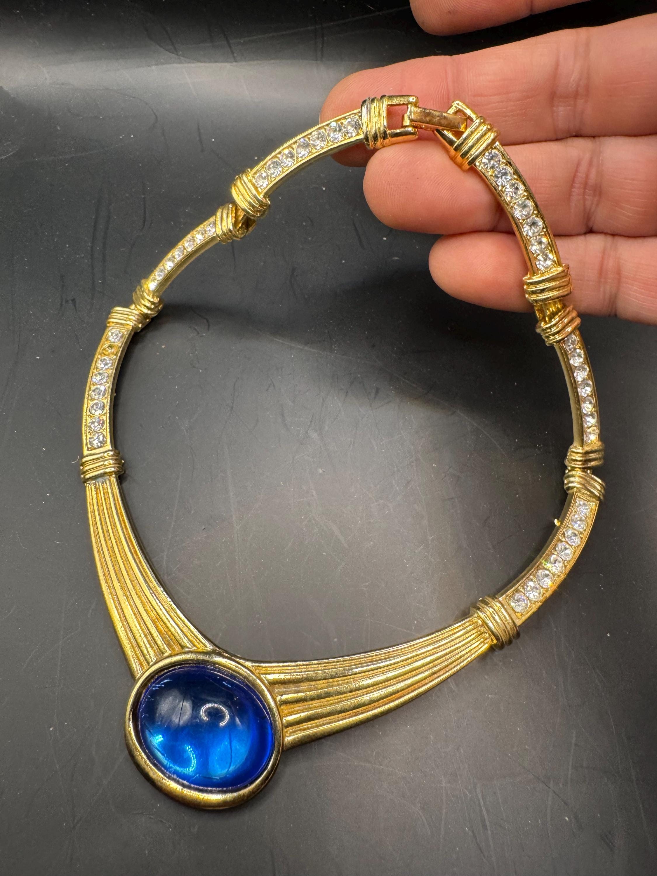 80s Retro sapphire blue Cabochon Diamanté Choker Necklace, gold plated