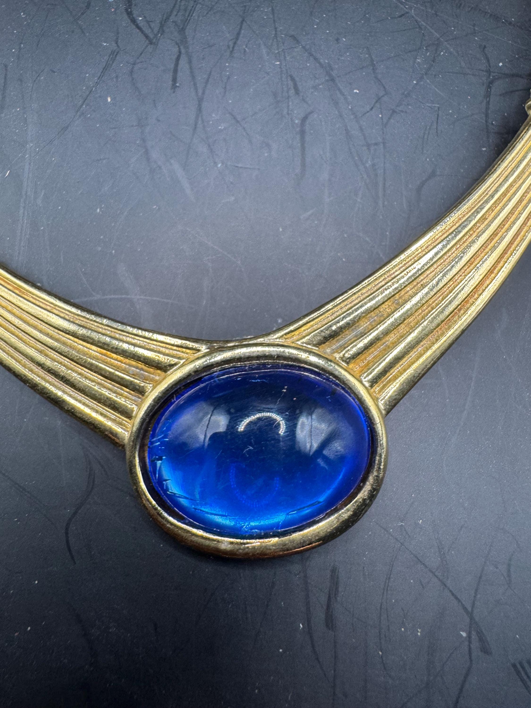 80s Retro sapphire blue Cabochon Diamanté Choker Necklace, gold plated