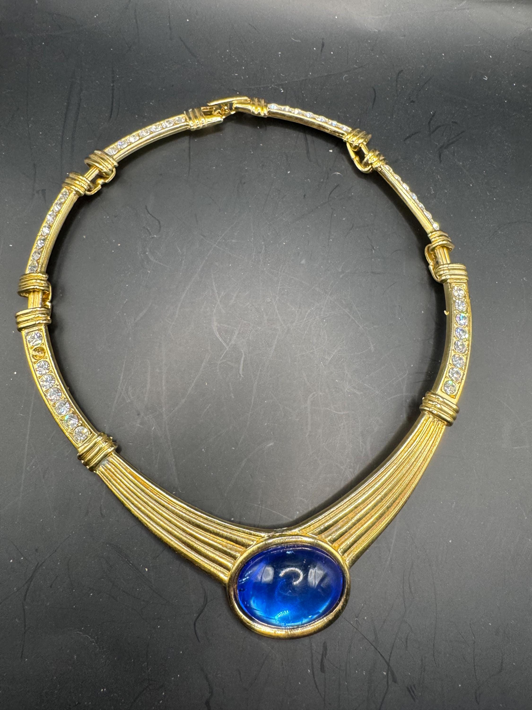 80s Retro sapphire blue Cabochon Diamanté Choker Necklace, gold plated