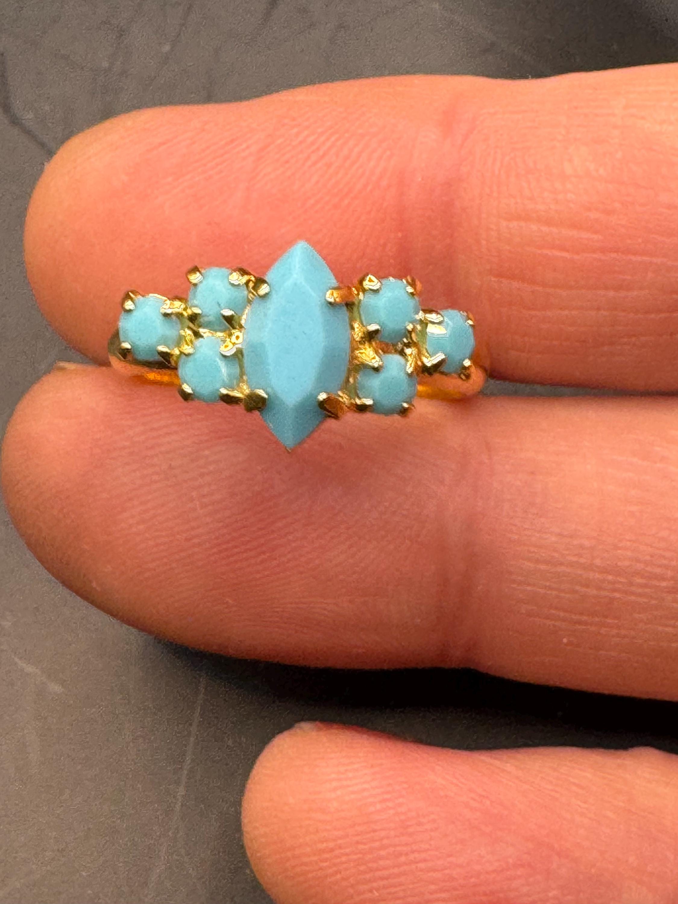adjustable gold tone turquoise paste dress ring,  1970s cocktail rings