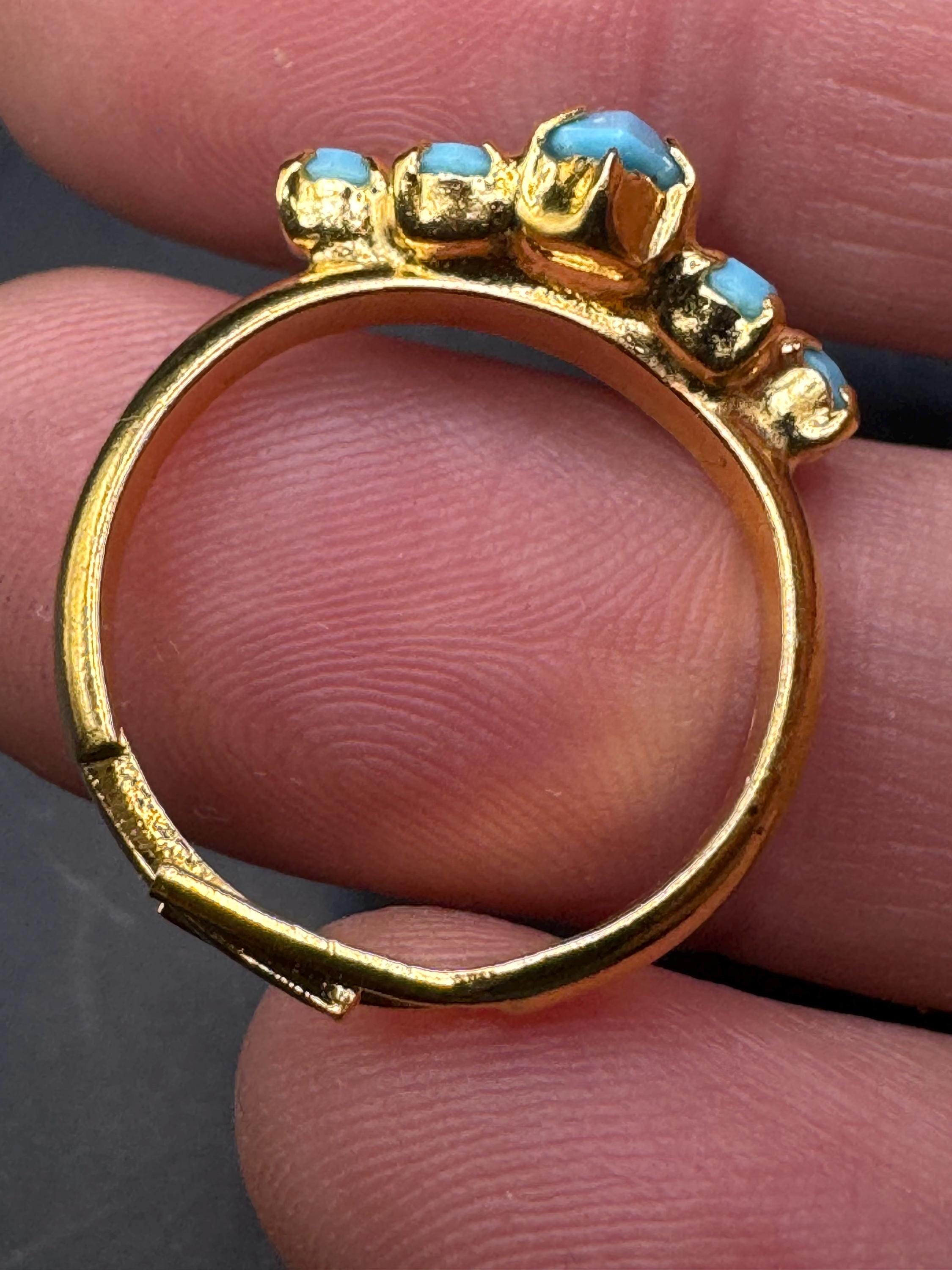 adjustable gold tone turquoise paste dress ring,  1970s cocktail rings