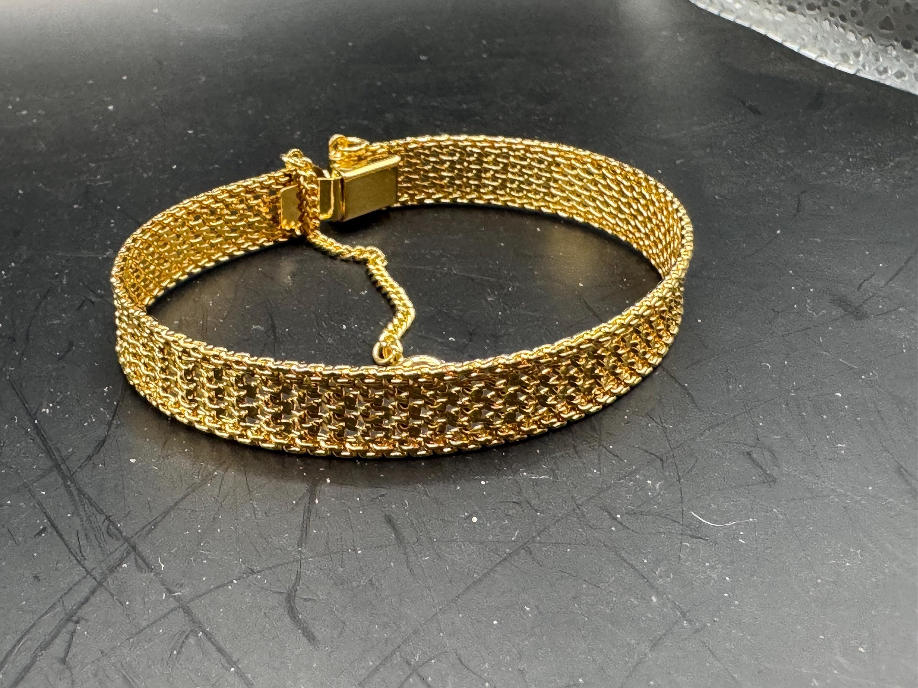 Vintage gold plated modernist slim flat mesh bangle bracelet 19 x 1cm