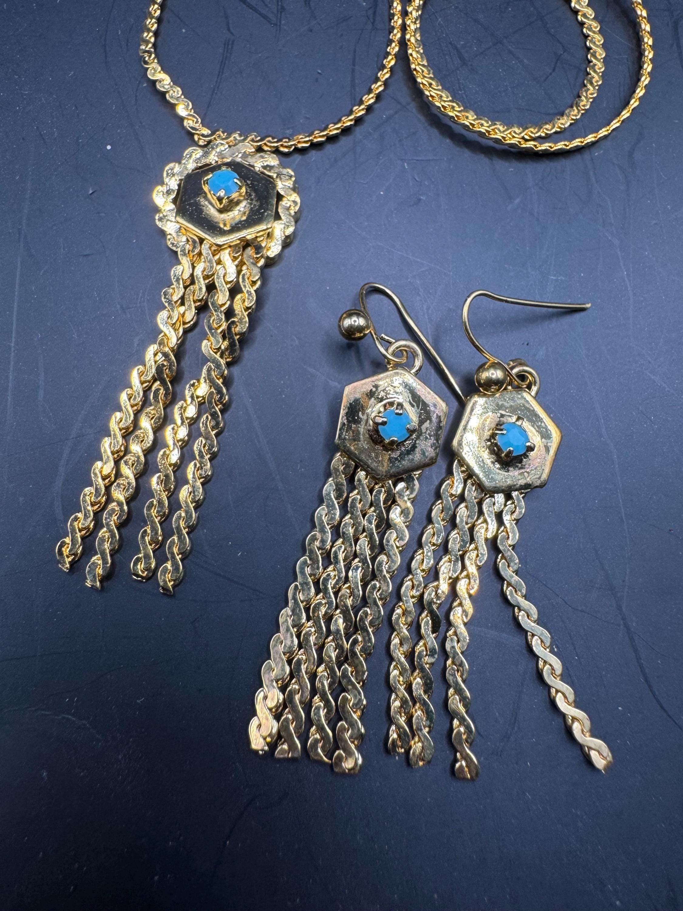 Vintage Turquoise rhinestone jewellery set, serpentine tassel necklace and earrings, gold plated
