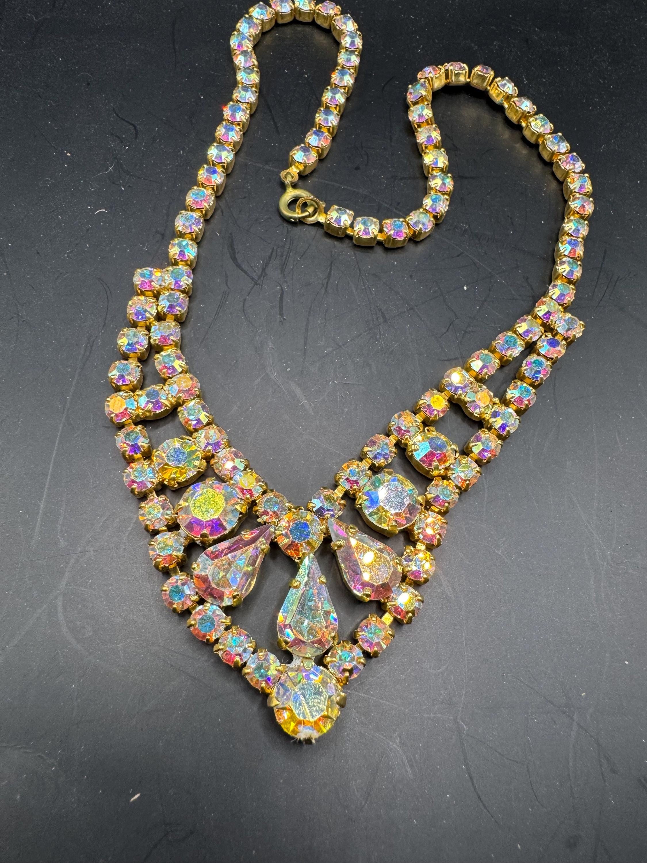 Vintage AB Aurora borealis glass bib choker necklace, gold tone prong set