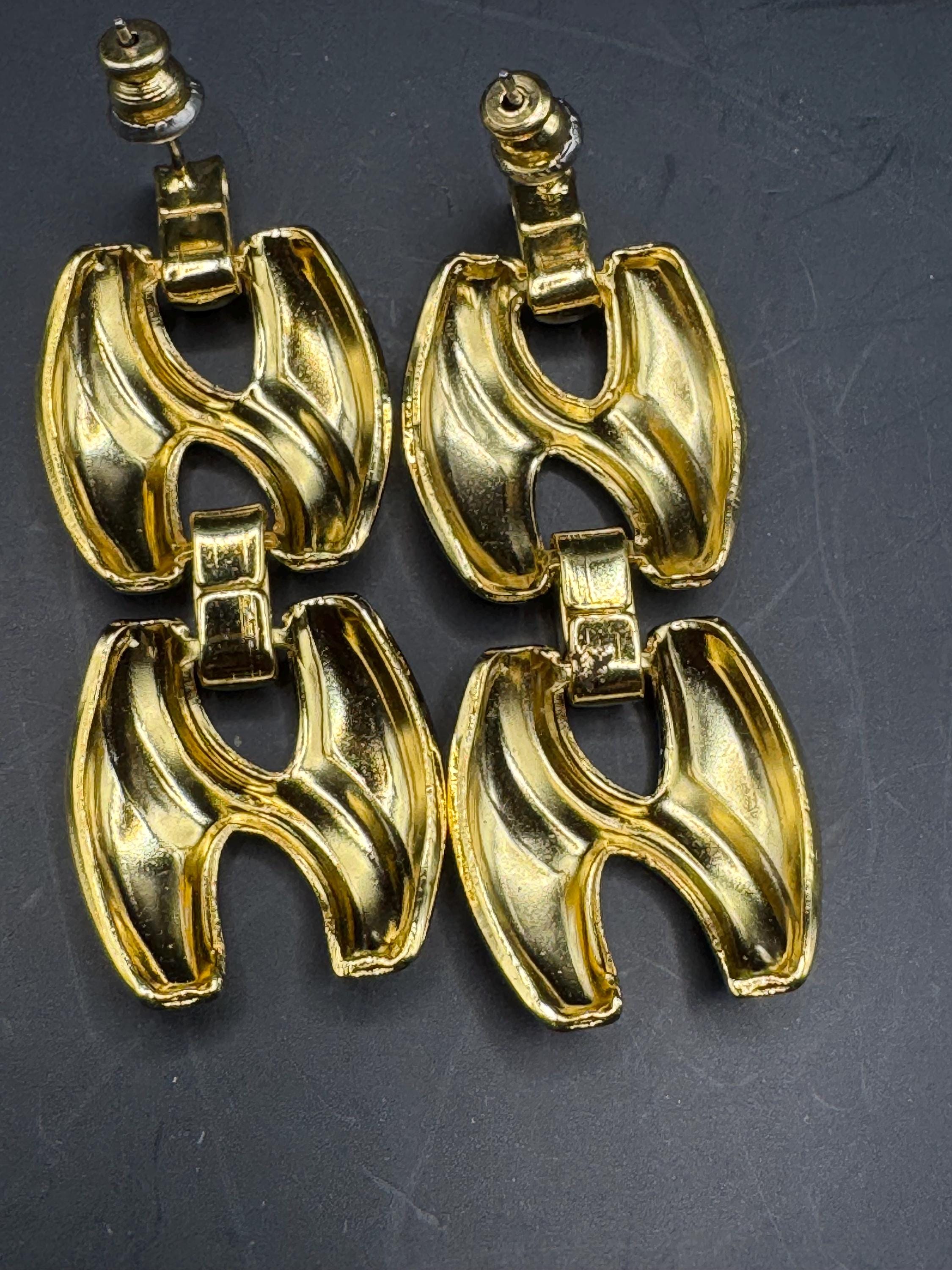 Vintage 80s Gold door knocker drop earrings,  pierced ears embossed metal unused