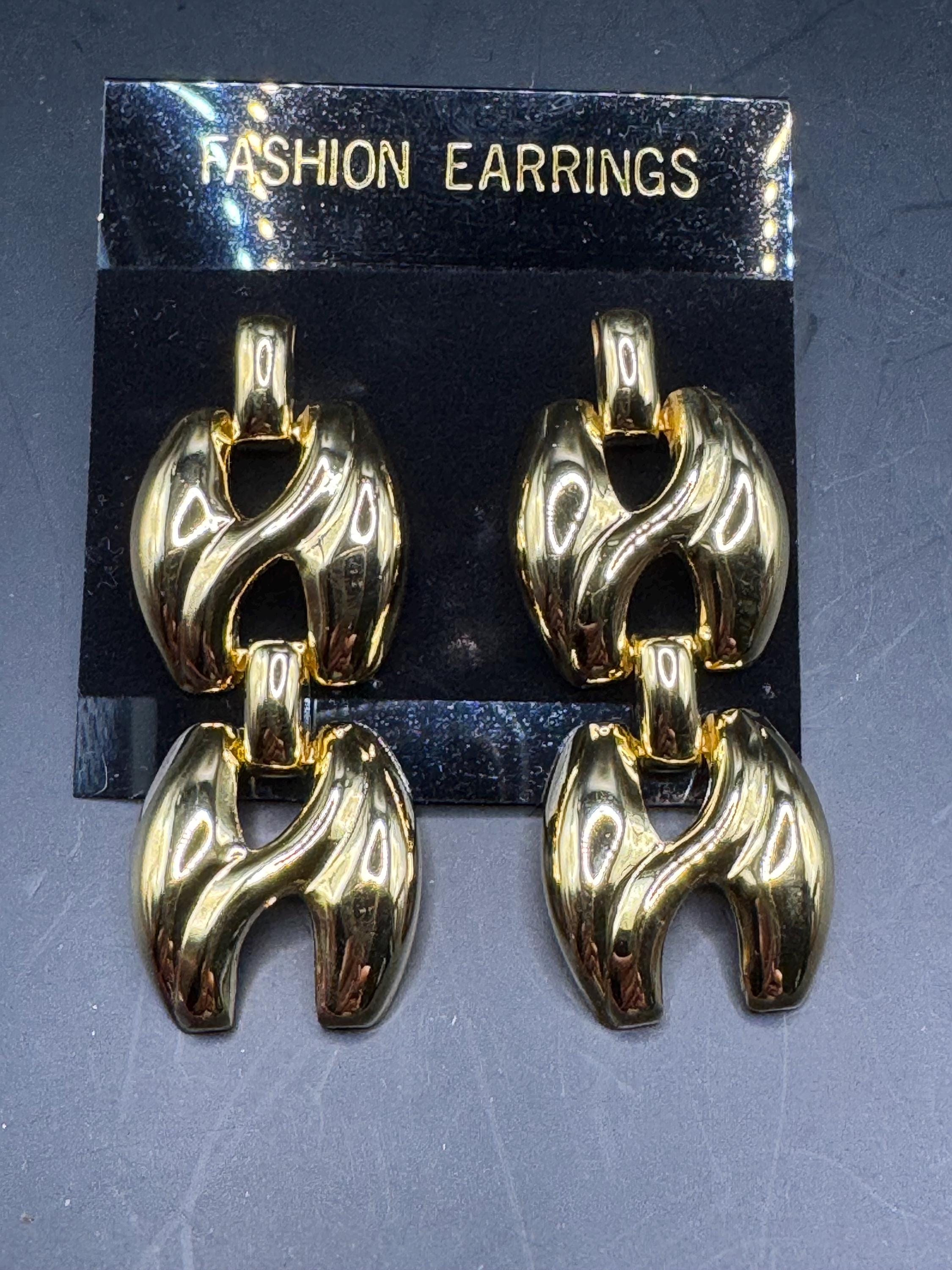 Vintage 80s Gold door knocker drop earrings,  pierced ears embossed metal unused