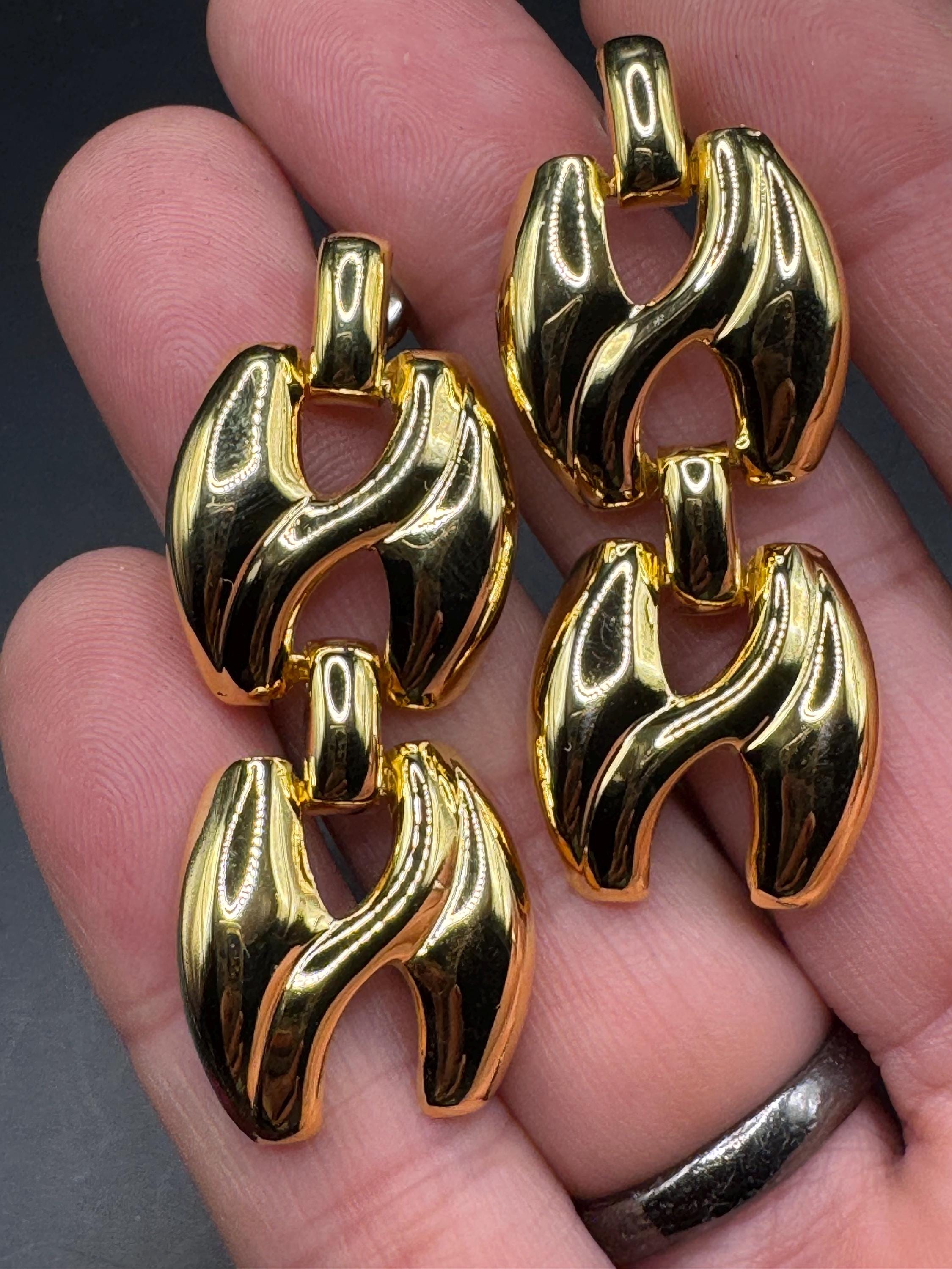 Vintage 80s Gold door knocker drop earrings,  pierced ears embossed metal unused