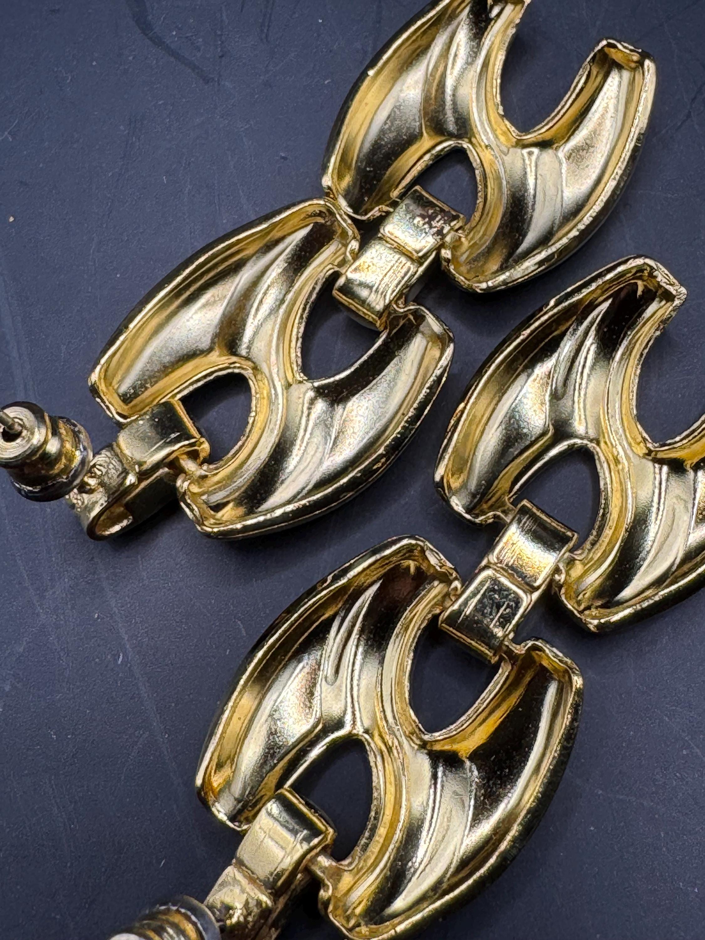 Vintage 80s Gold door knocker drop earrings,  pierced ears embossed metal unused