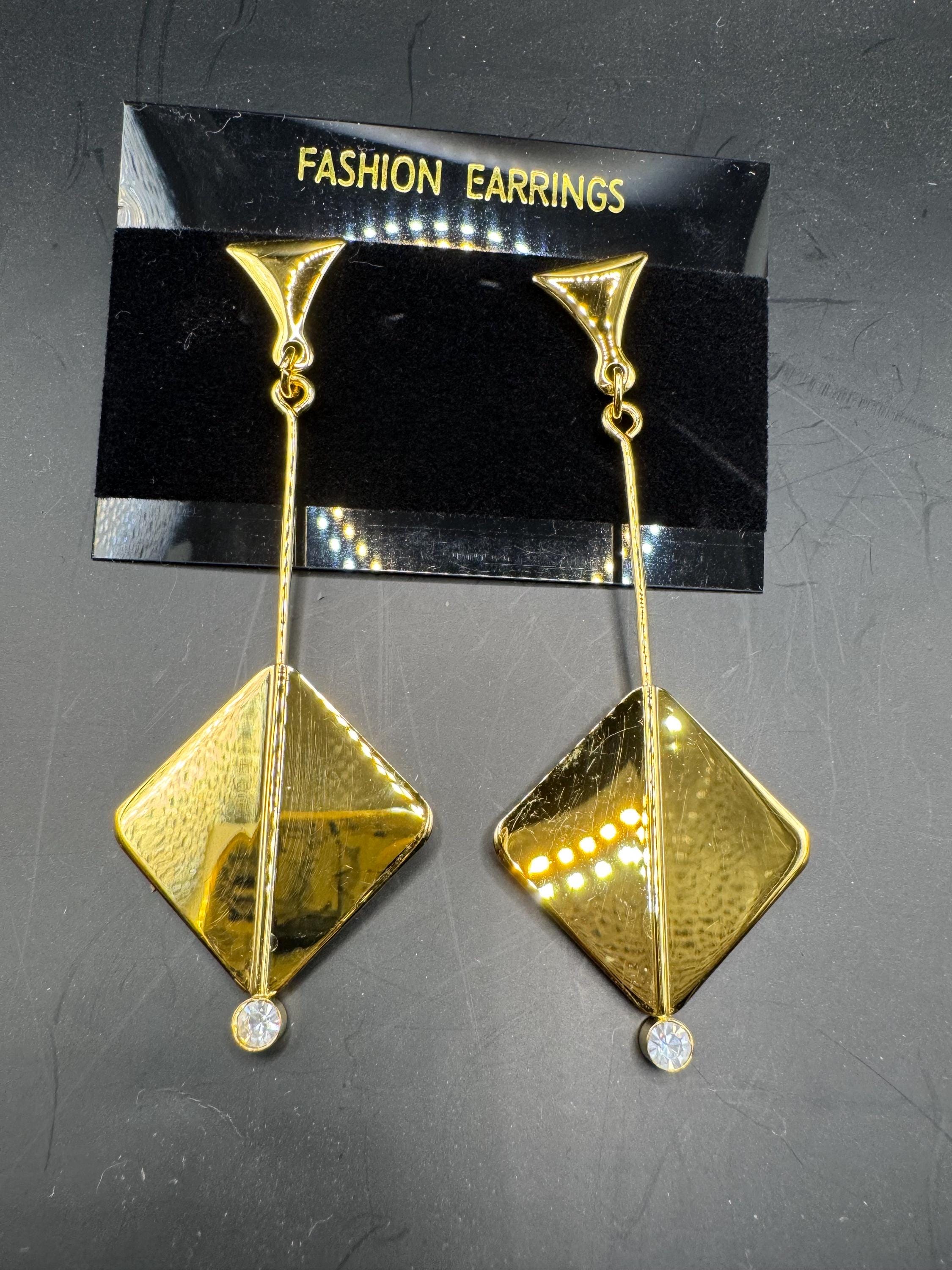 Vintage 80s Gold diamanté geometric long drop earrings,  pierced ears embossed metal unused