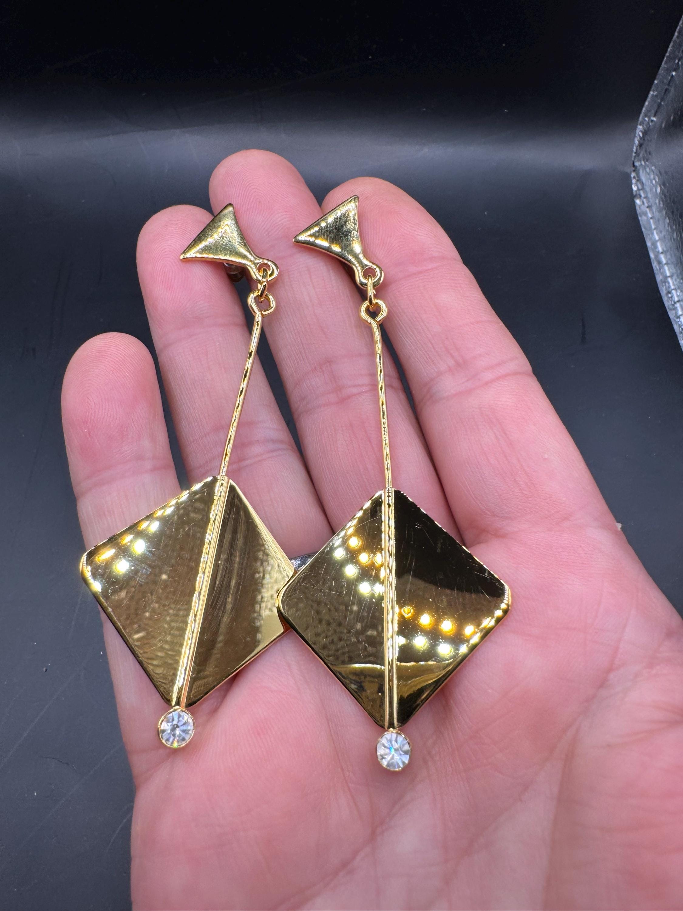 Vintage 80s Gold diamanté geometric long drop earrings,  pierced ears embossed metal unused