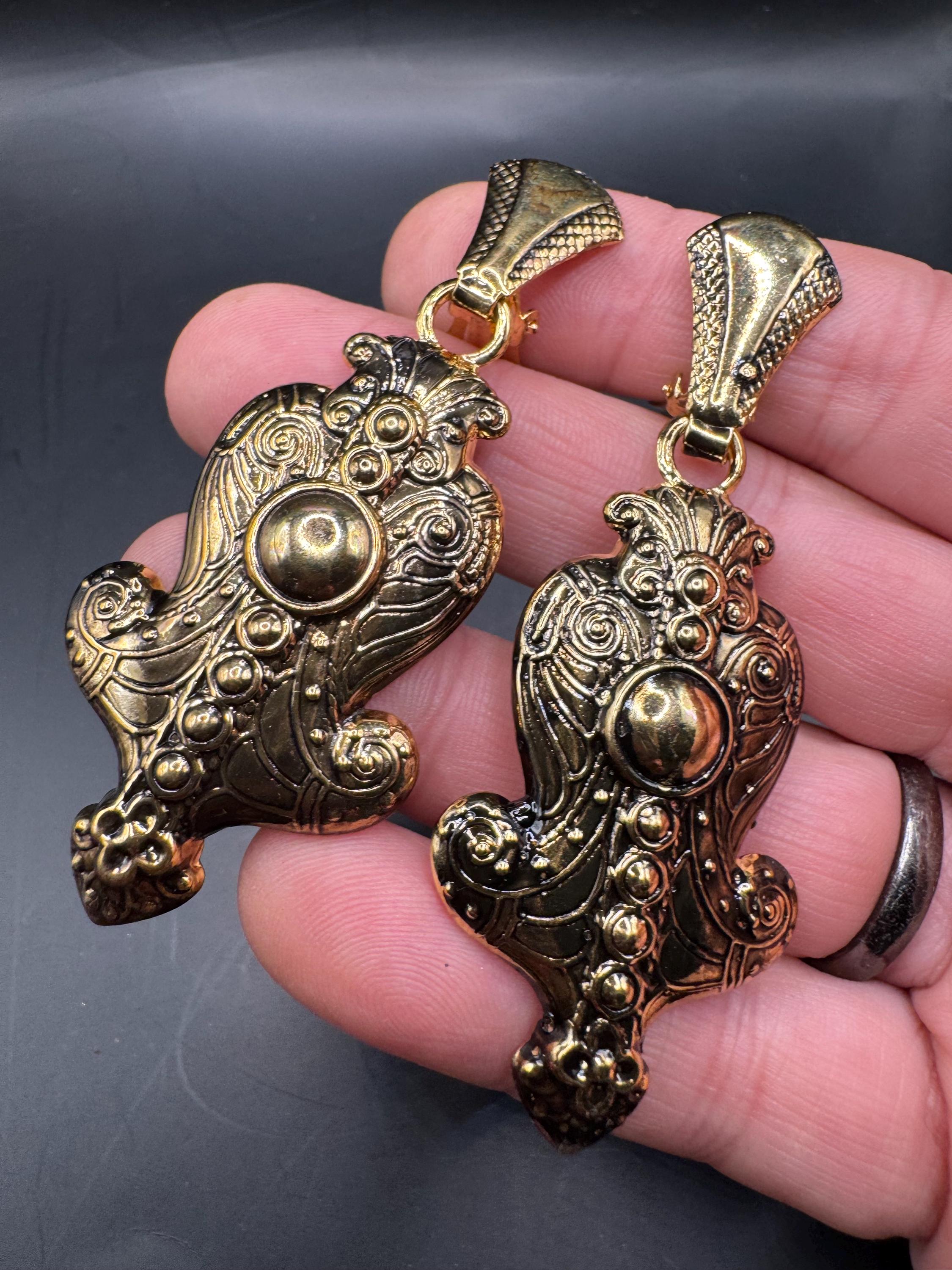 Vintage 80s antique Gold door knocker drop clip on earrings,  embossed metal unused