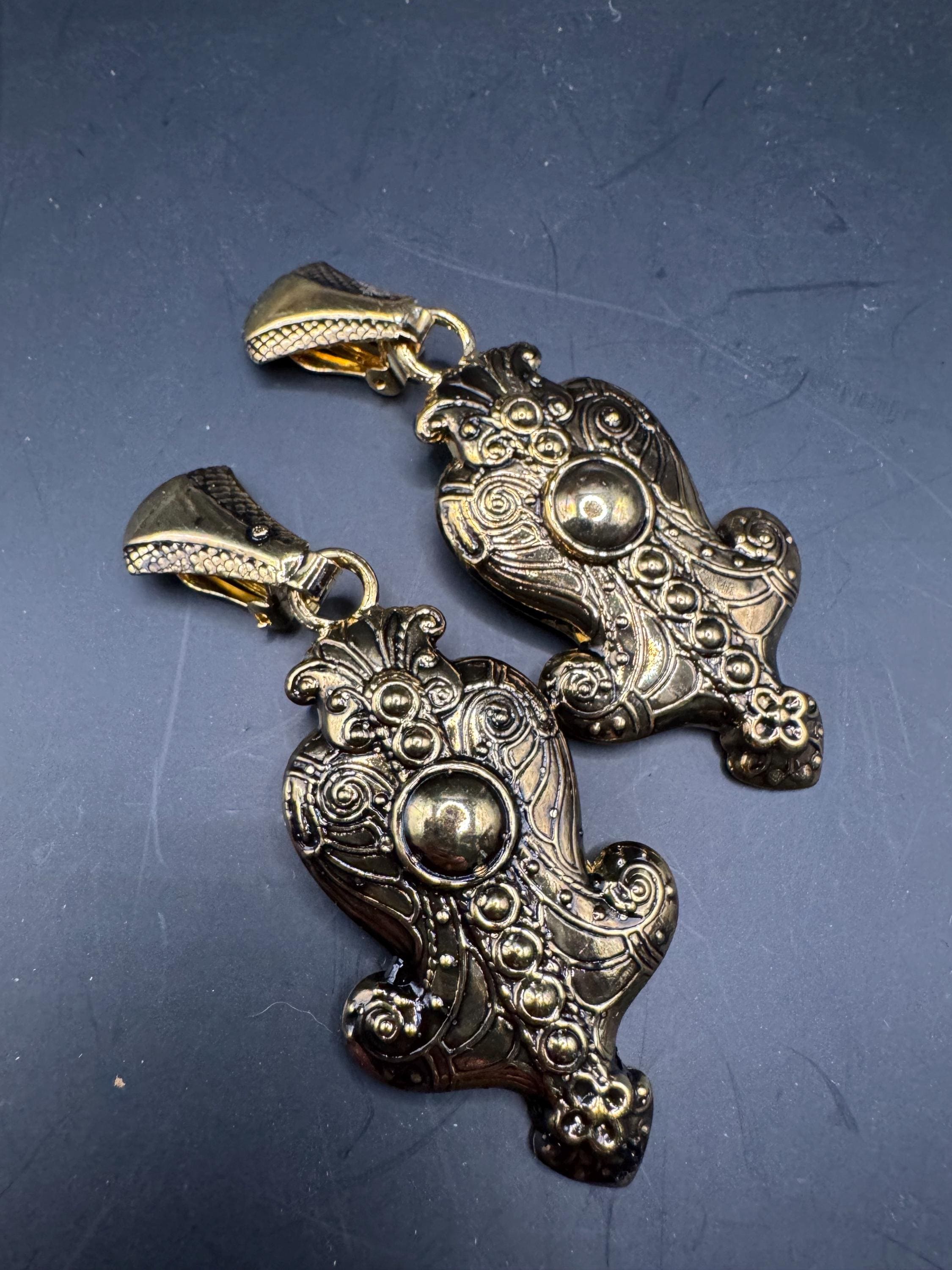 Vintage 80s antique Gold door knocker drop clip on earrings,  embossed metal unused