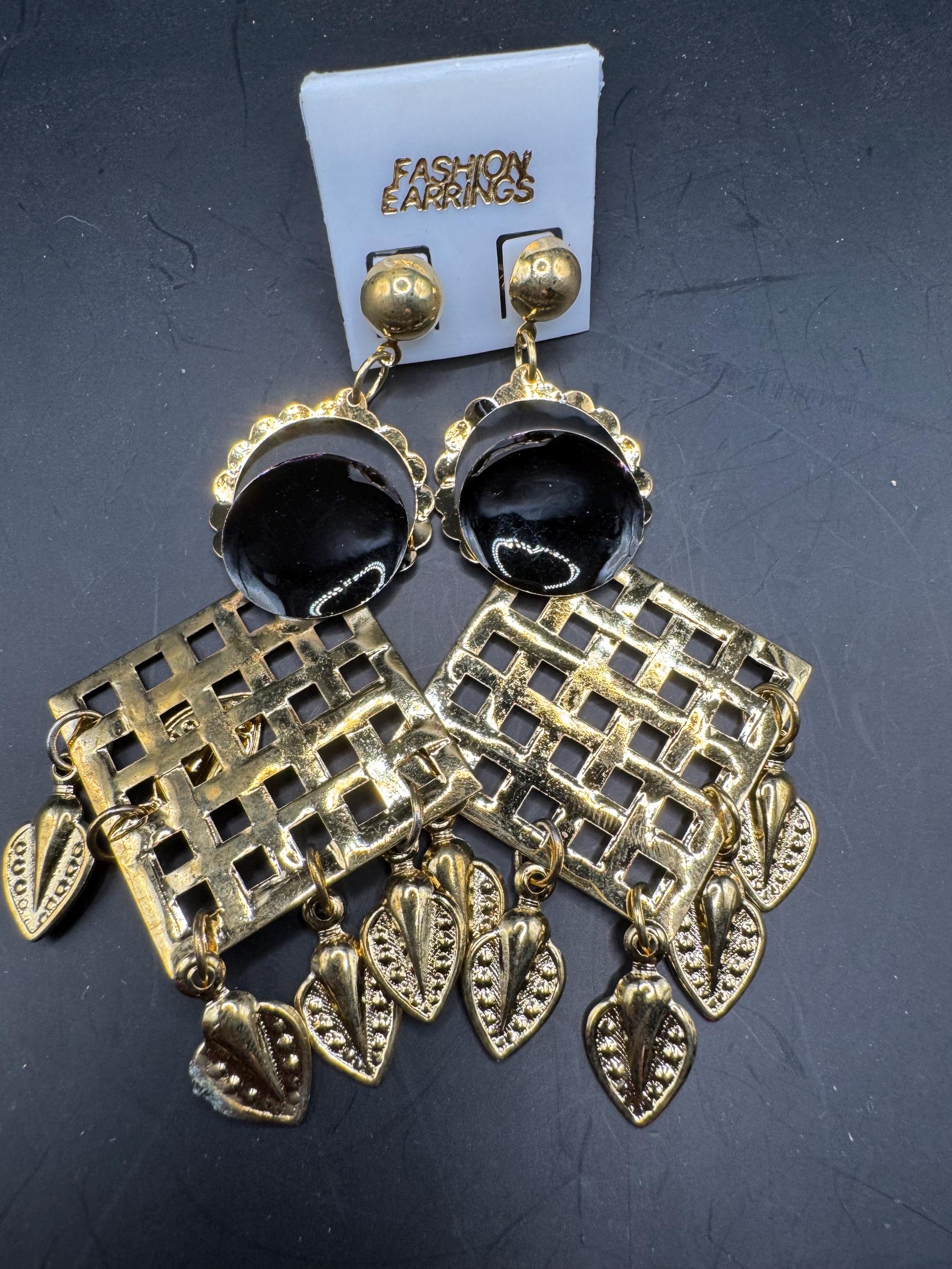 Retro 80s Oversized Drop Earrings, Embossed Metal, Deadstock