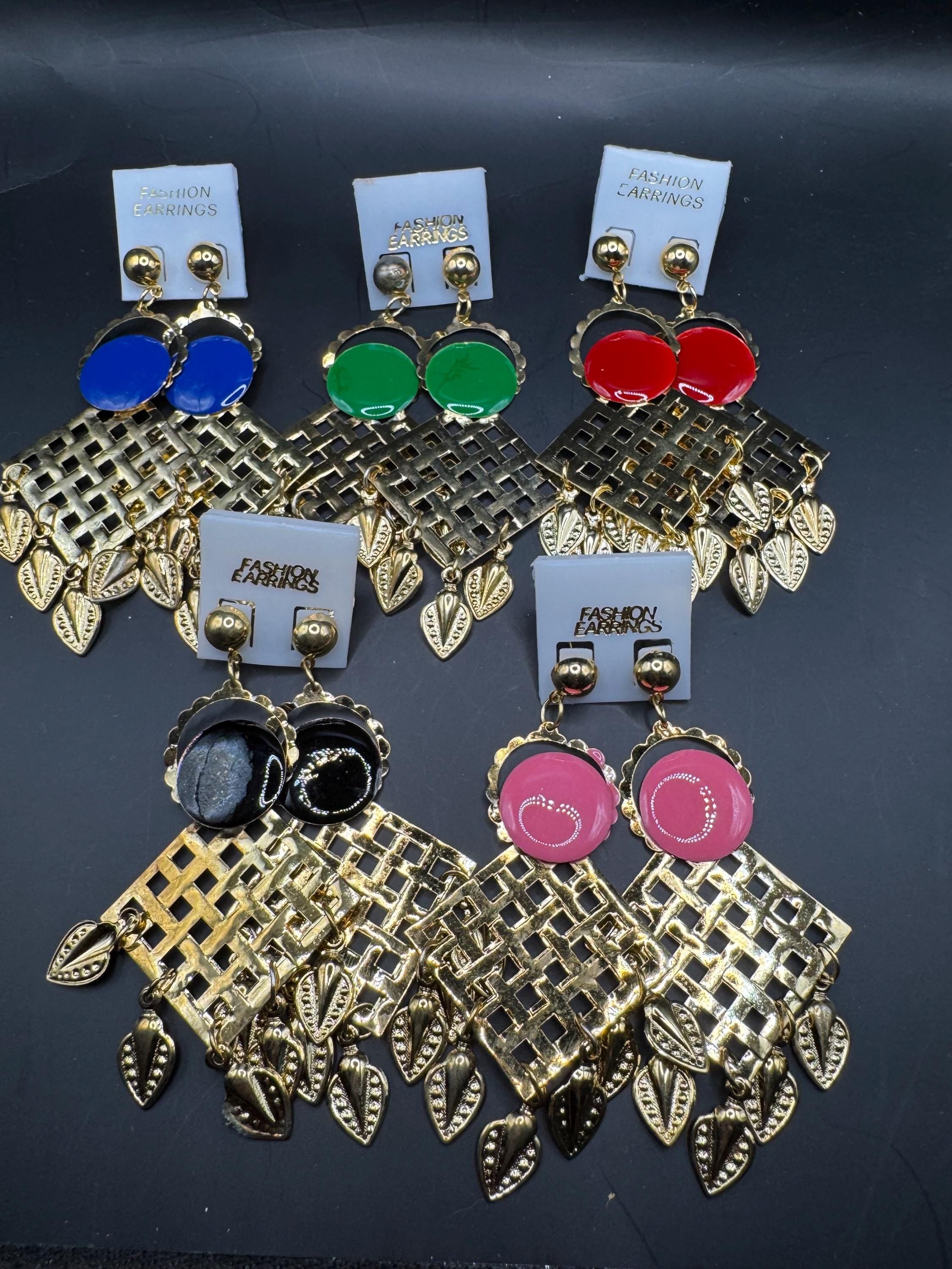 Retro 80s Oversized Drop Earrings, Embossed Metal, Deadstock