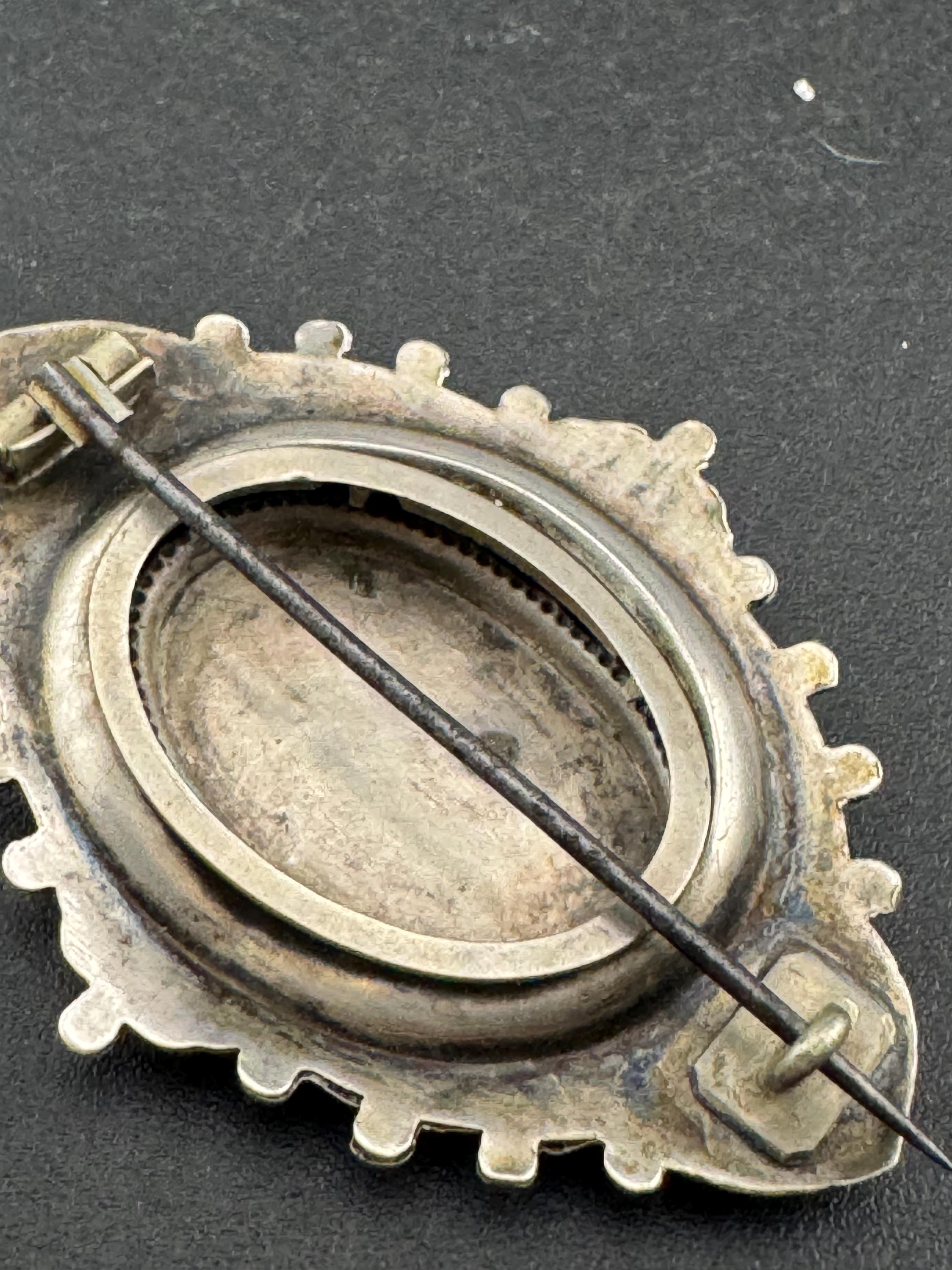 Victorian white metal oval etched mourning brooch,  aesthetic period