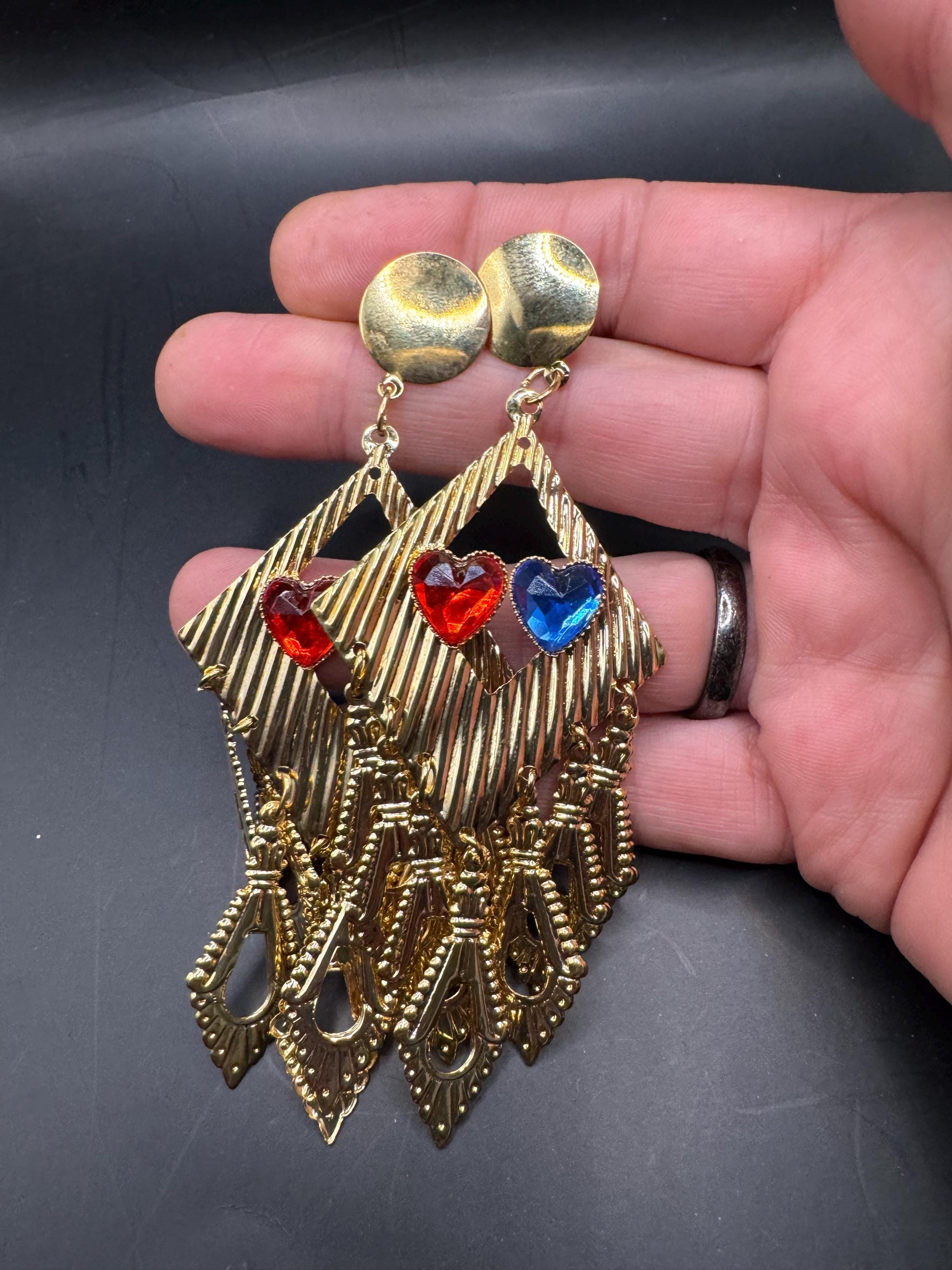 80s Oversized Heart Dangle Earrings, Deadstock