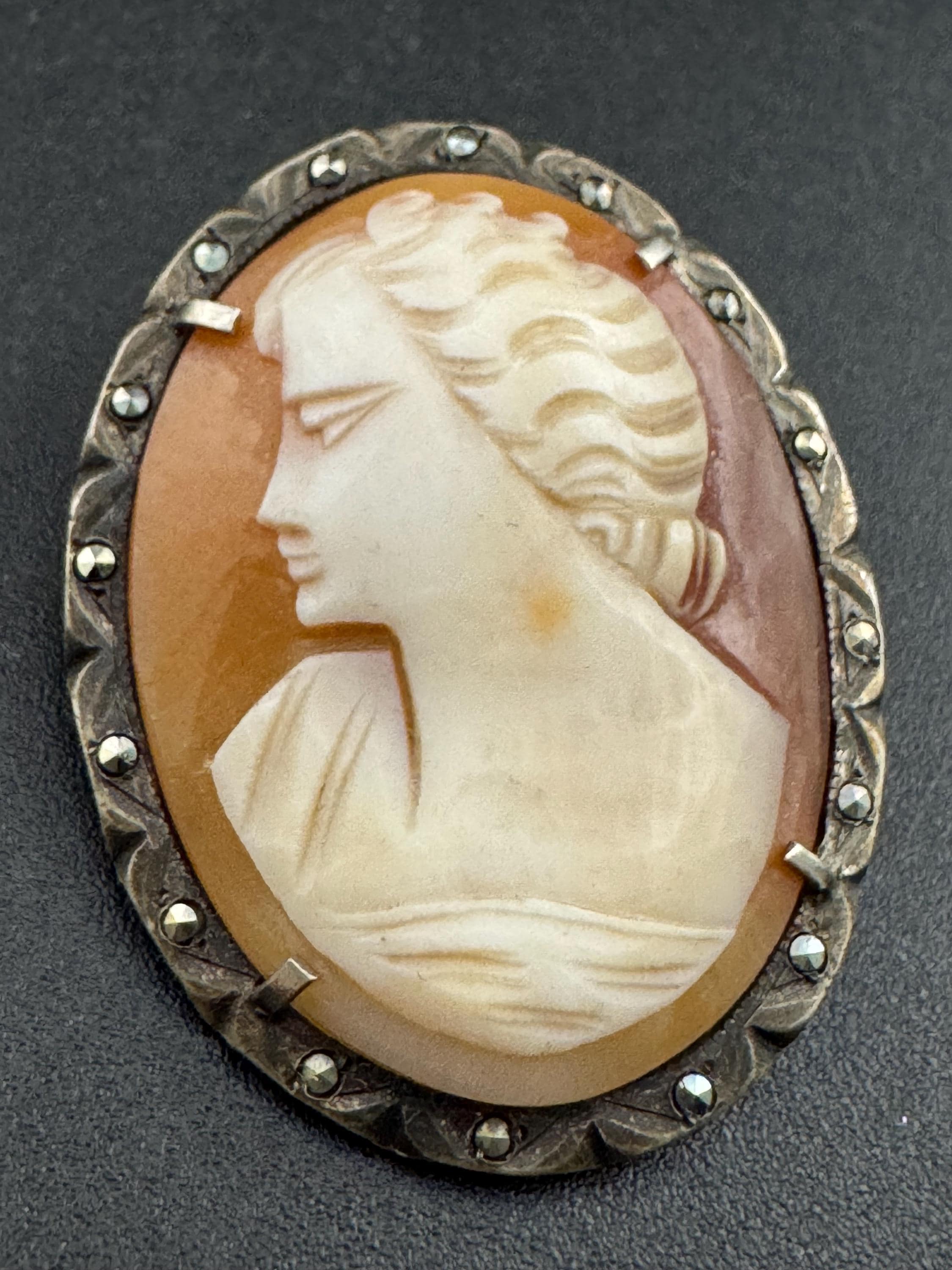 Antique Carved Cameo Brooch: 800 Continental Silver, Art Deco