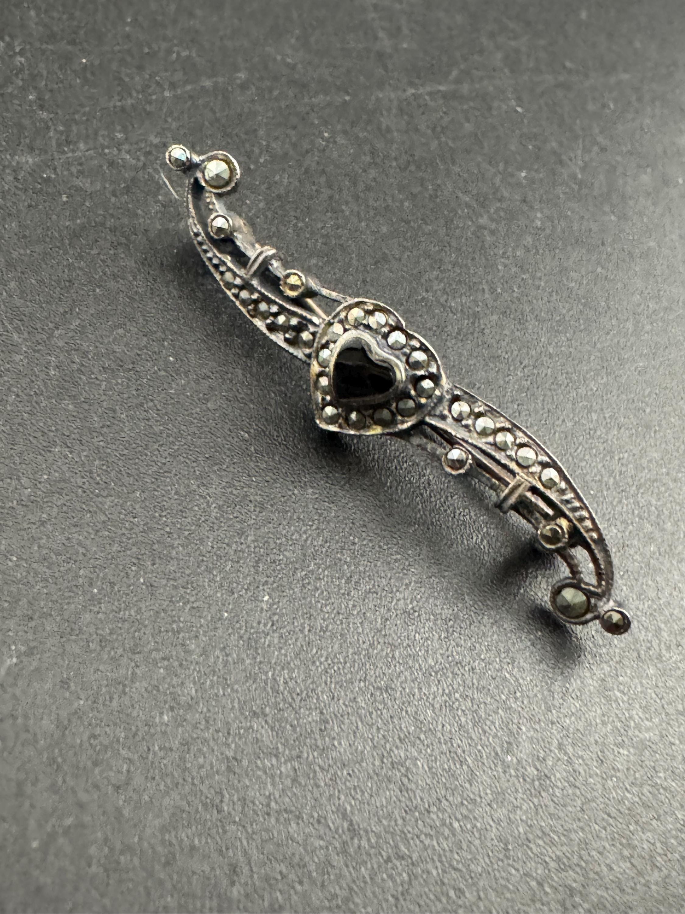 Vintage black onyx love heart bar Brooch, Sterling 925 solid silver openwork marcasite