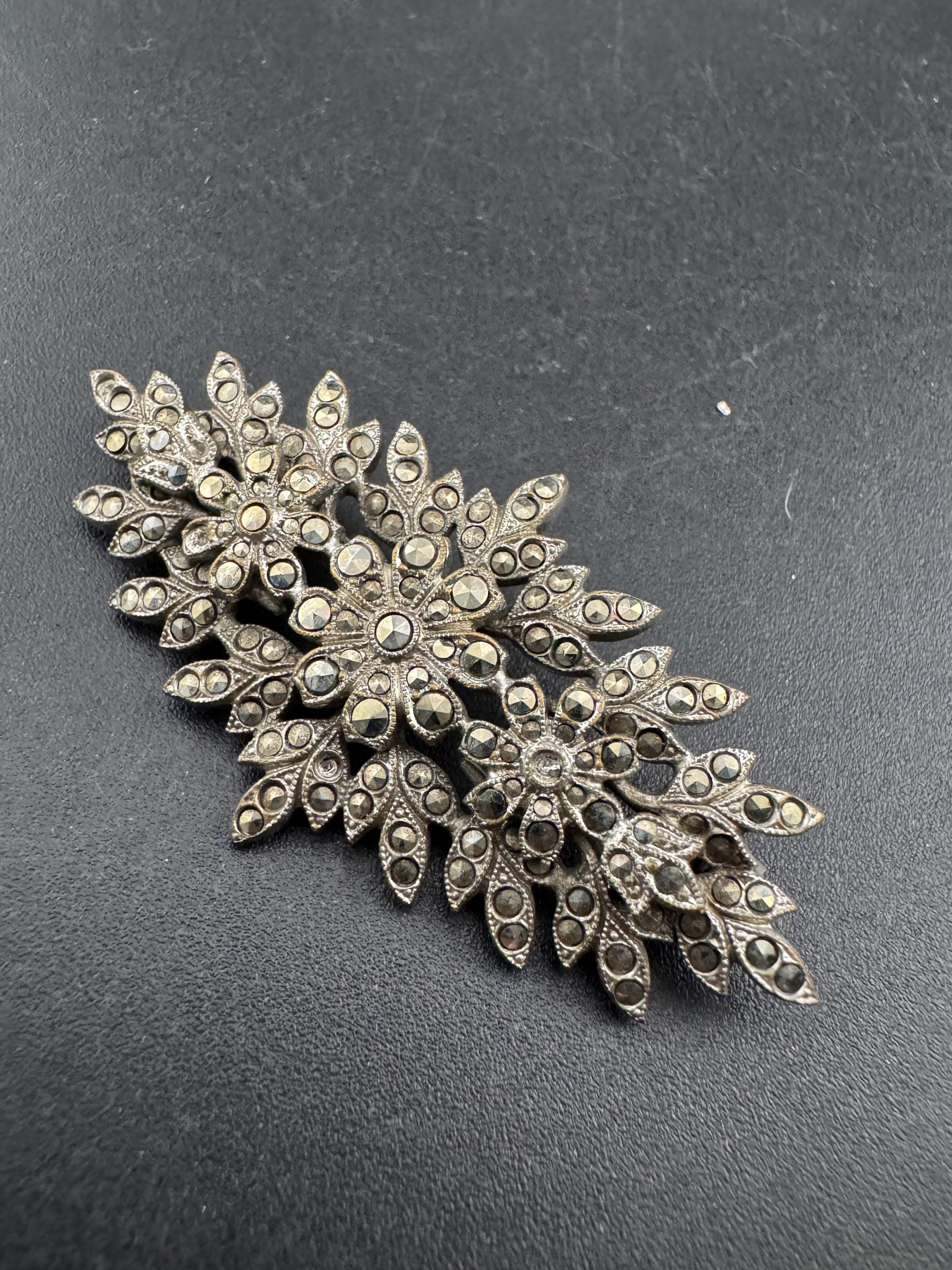 Vintage Marcasite Floral leaf Brooch , white metal silver