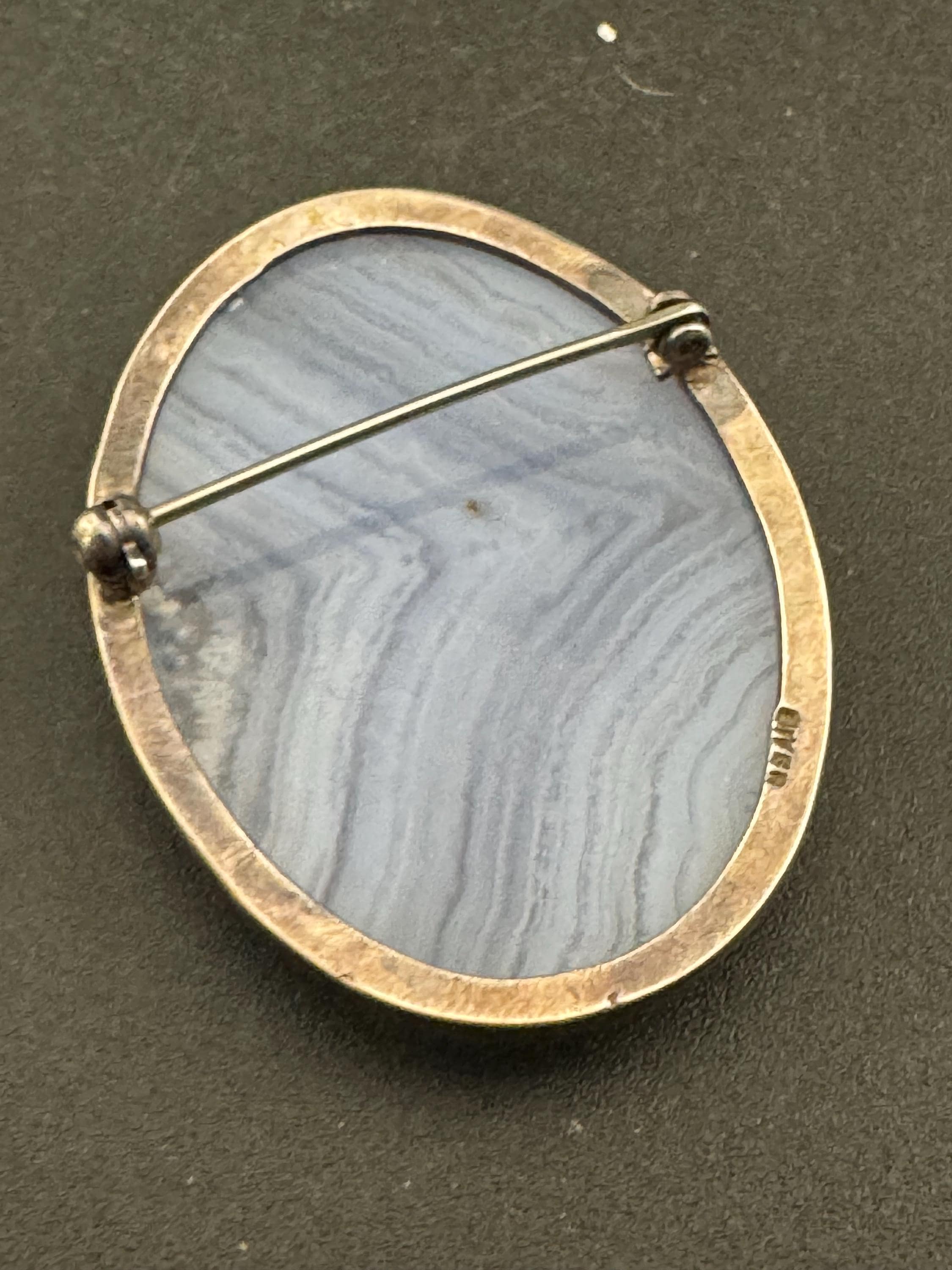 Antique silver white agate large oval brooch, 925 sterling