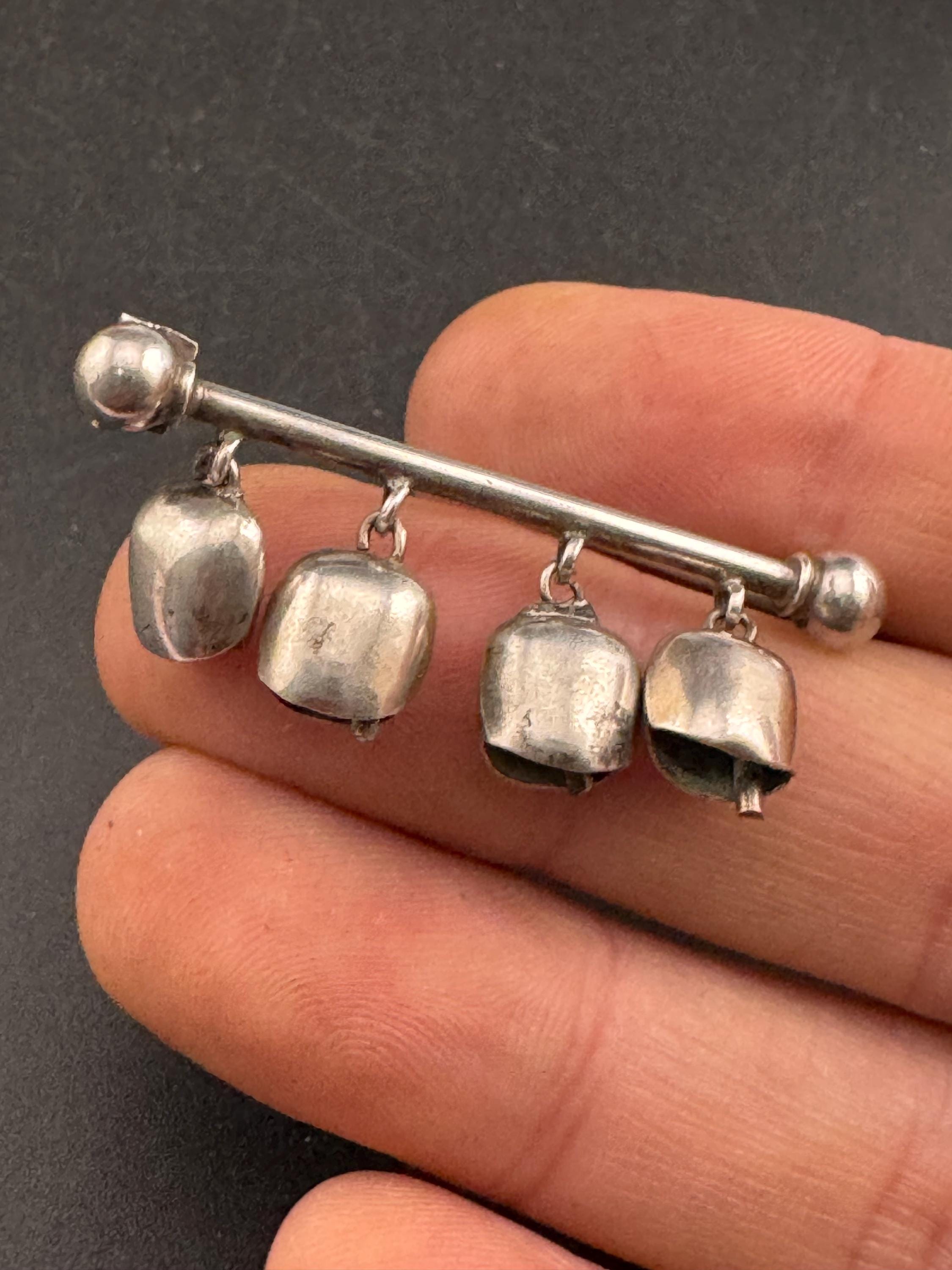 Sterling 925 silver cow bell alpine bar brooch, Edwardian