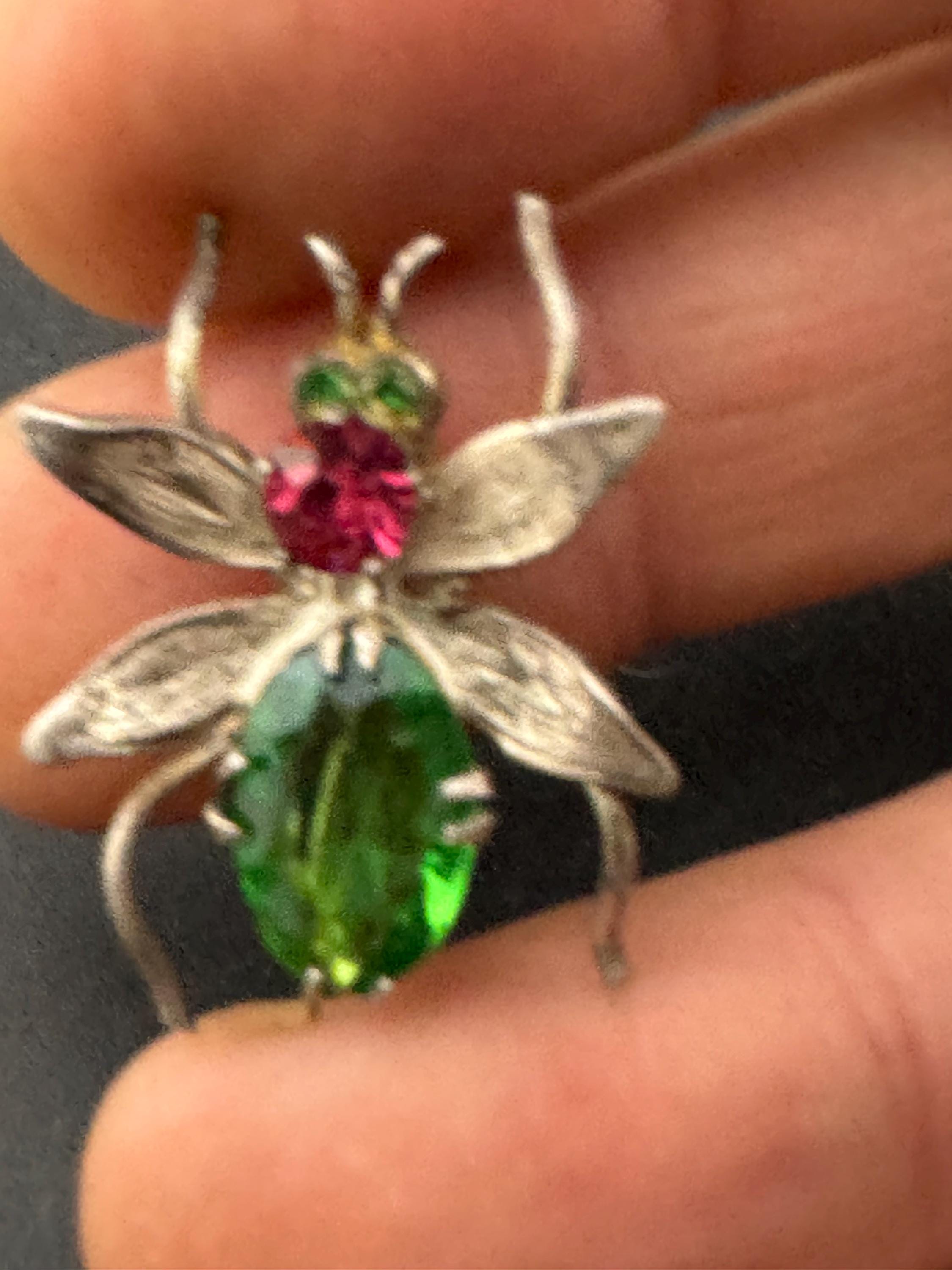 Vintage 925 emerald green fly bug brooch, Edwardian pink paste