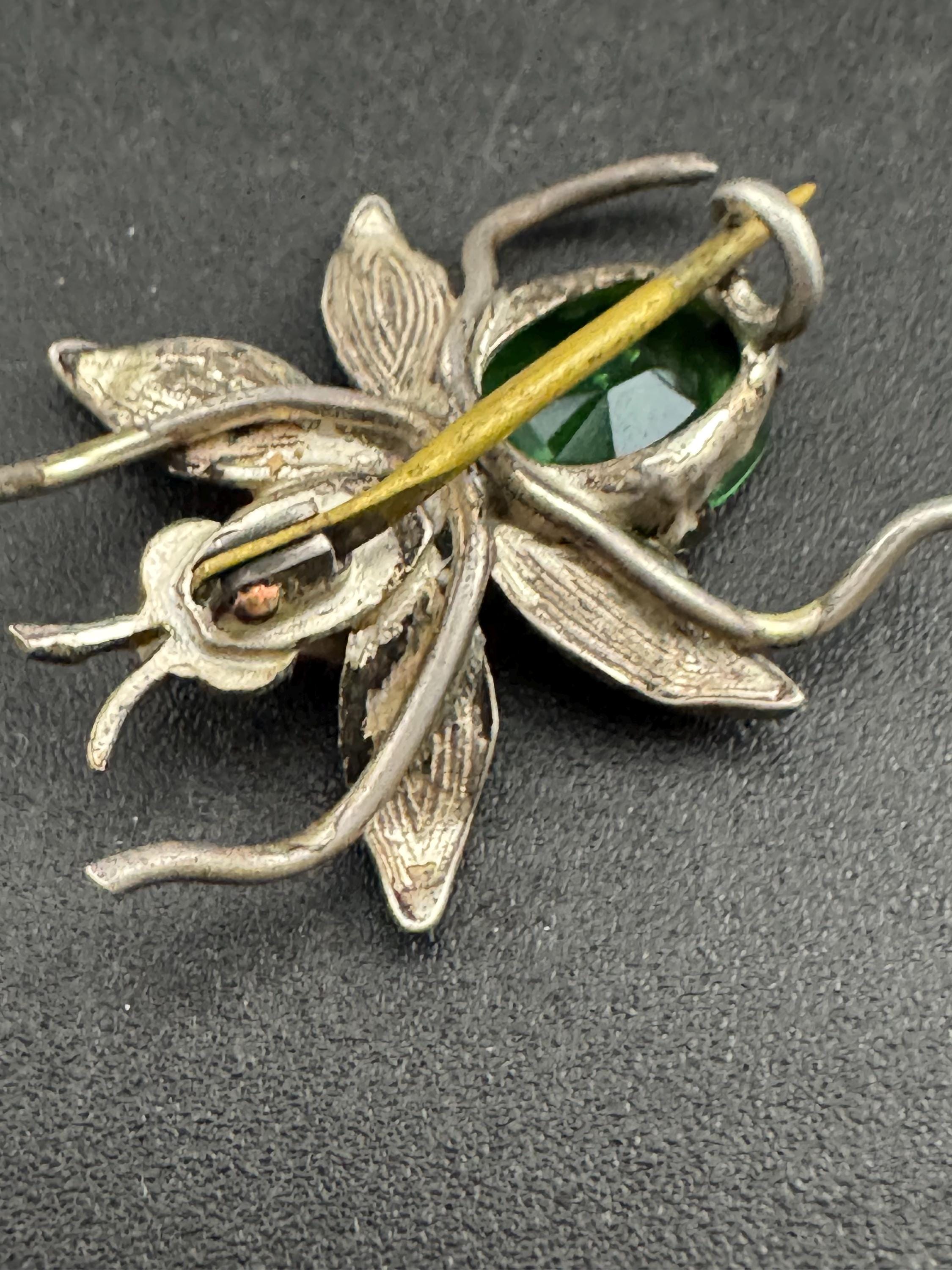 Vintage 925 emerald green fly bug brooch, Edwardian pink paste