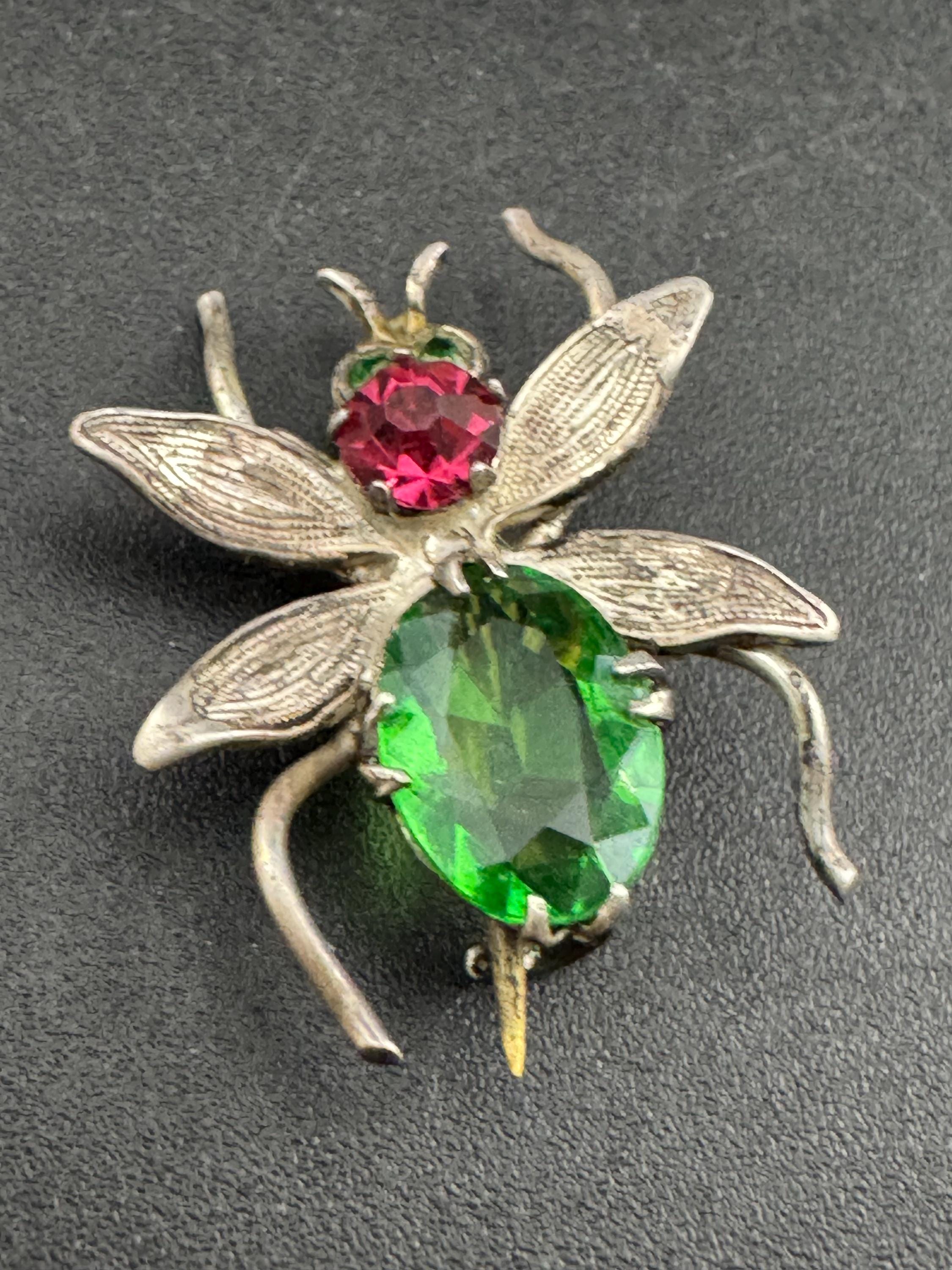 Vintage 925 emerald green fly bug brooch, Edwardian pink paste