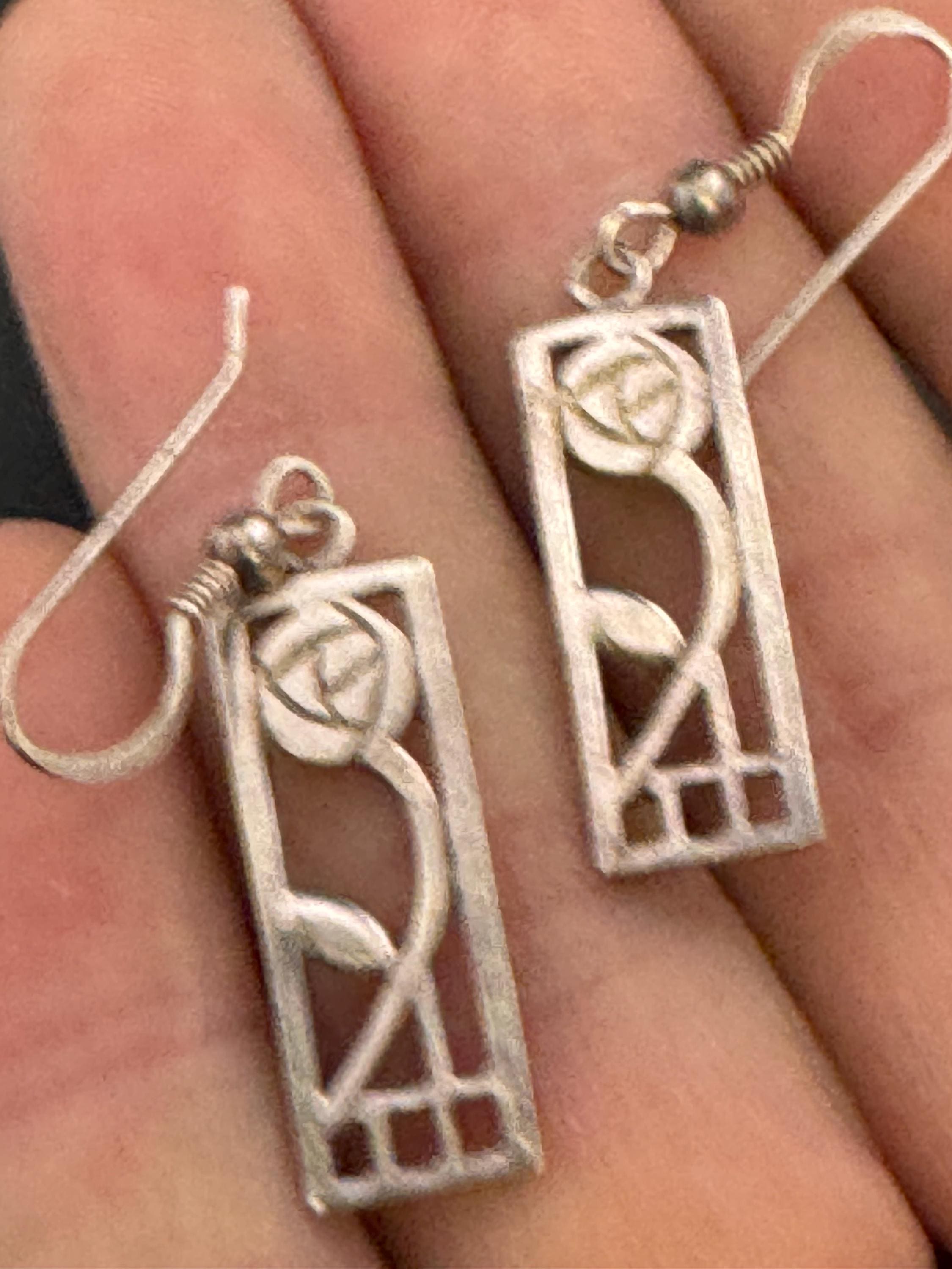 Vintage Sterling Silver drop Earrings, Art nouveau openwork 925